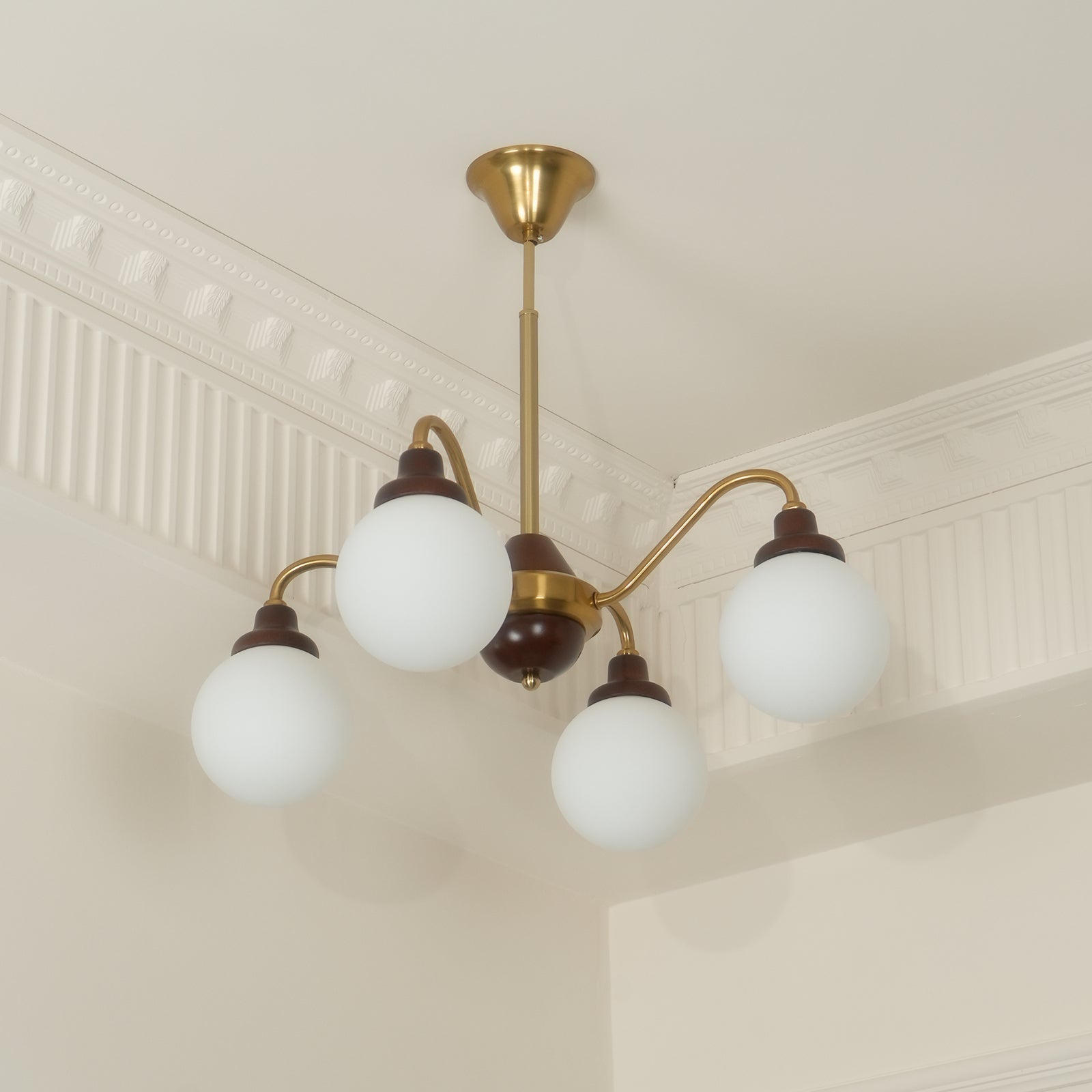 Chandelier Gold Arms&Ash Wood White Glass Globes Retro