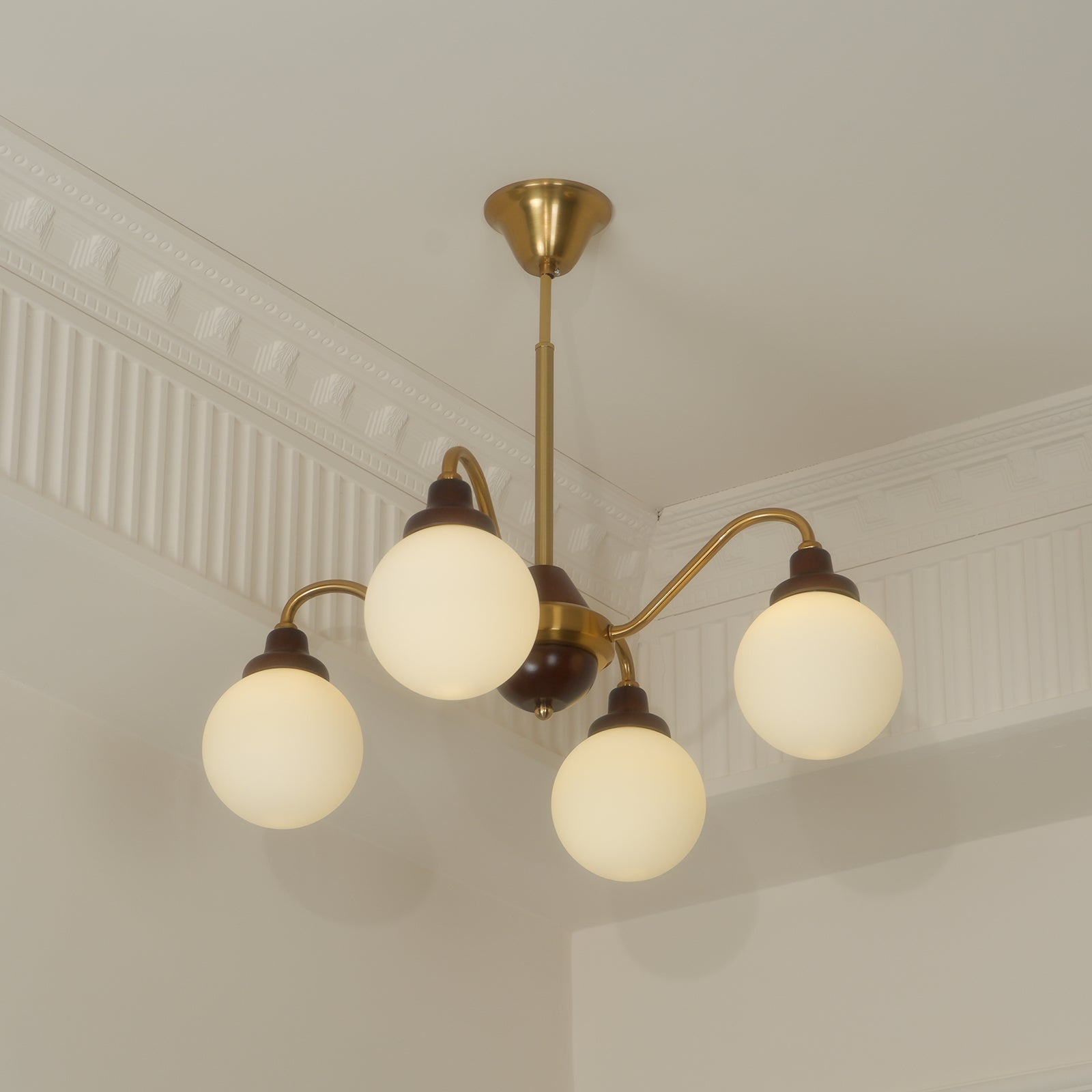 Chandelier Gold Arms&Ash Wood White Glass Globes Retro