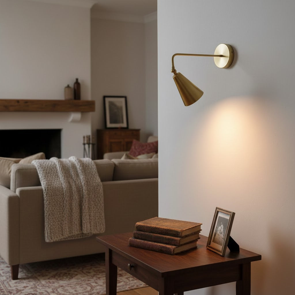 Side view of the adjustable Tilt Cone Wall Lamp in brass.