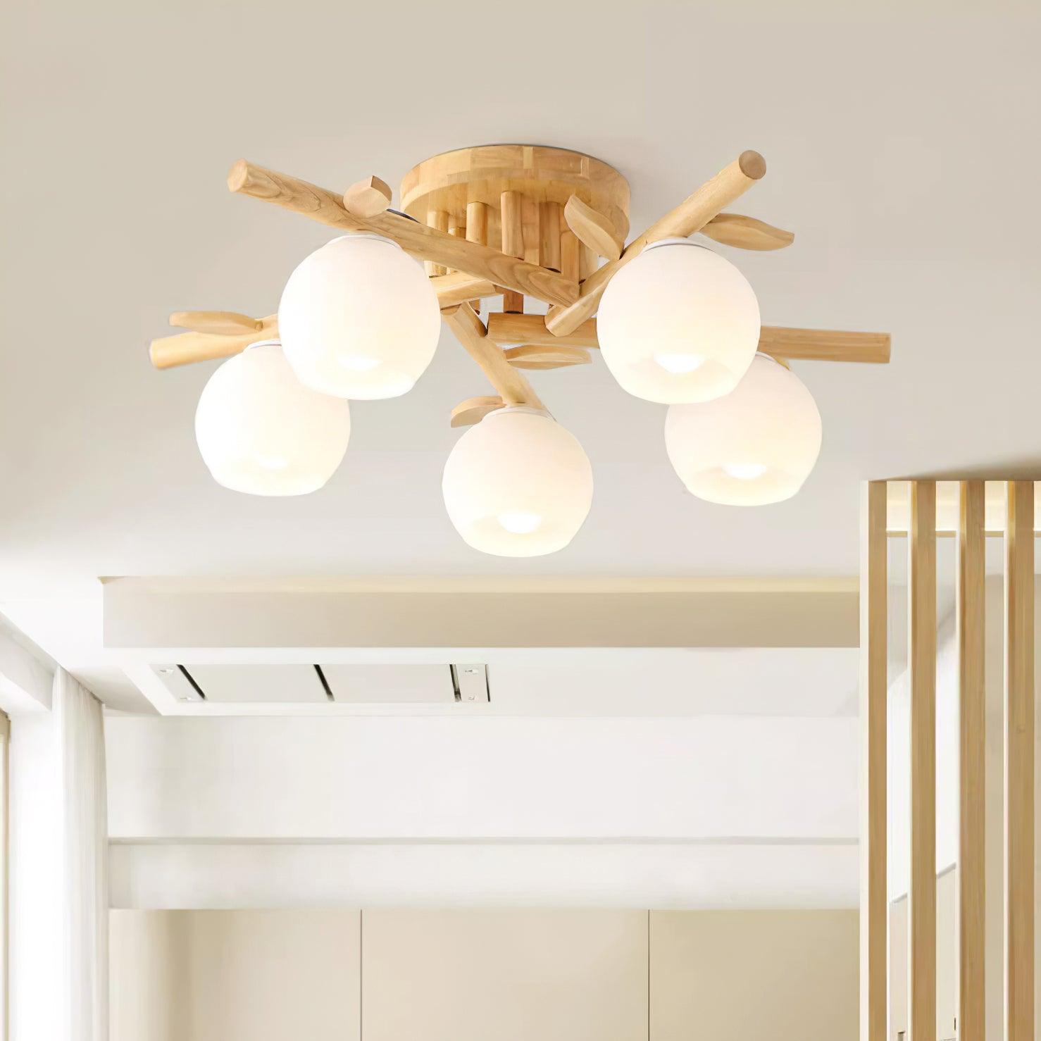 Ceiling Light Wood Body Glass Globes Organic Warm Minimalist