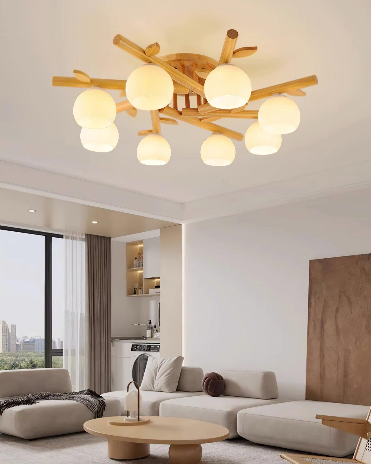 Ceiling Light Wood Body Glass Globes Organic Warm Minimalist