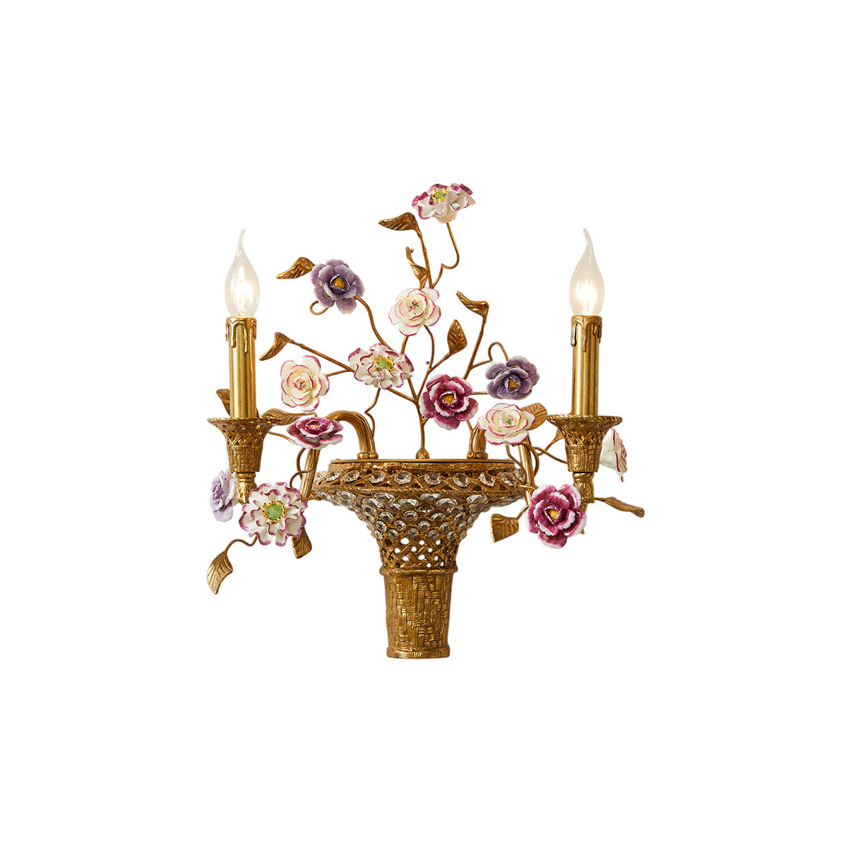 Tole Ceramic Flower Wall Lamp with brass body and white flowers.