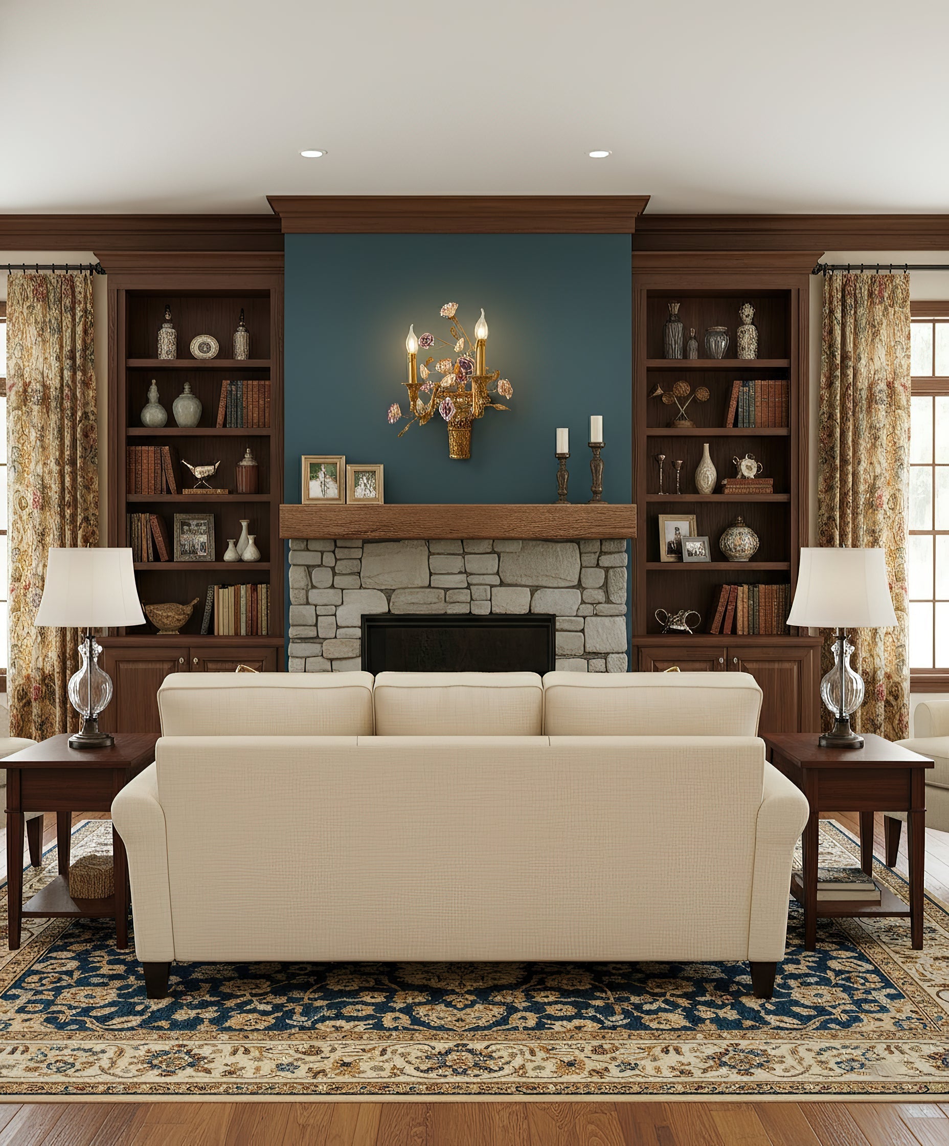 The Tole wall lamp adding a decorative touch to a bedroom.