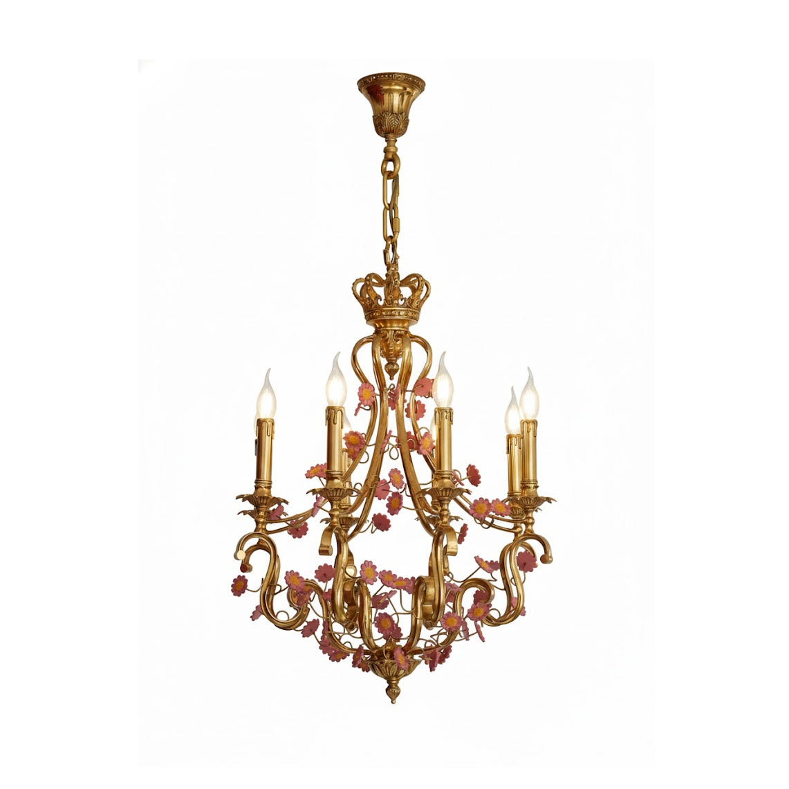 Front view of the French tole floral chandelier with gilt brass arms.