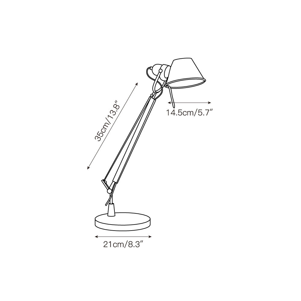 The conical aluminum shade of the task lamp, tilted to direct light.