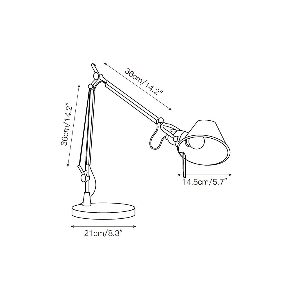 Full view of the table-scale articulated lamp (50 cm).