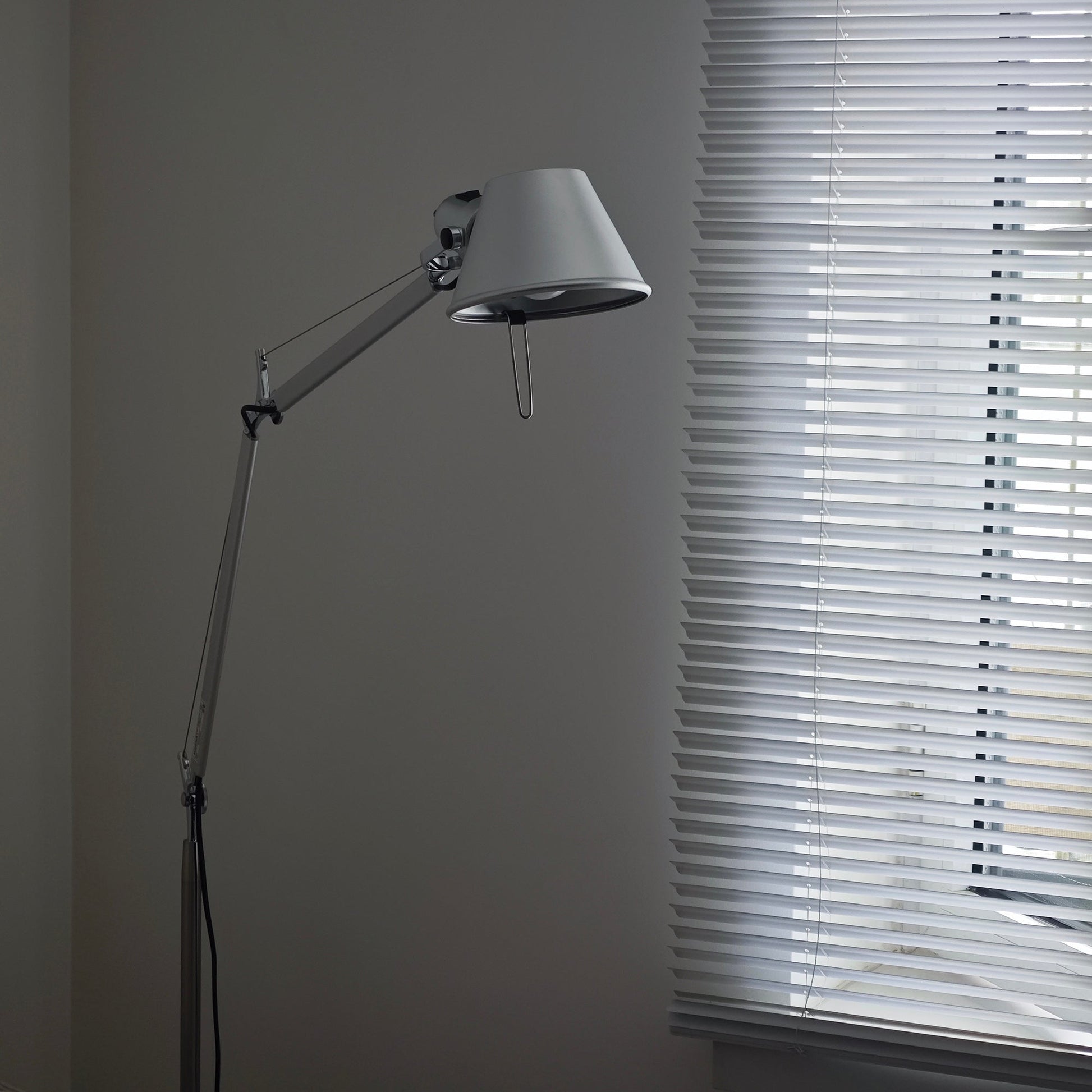 The taller version of the Brady floor lamp next to a sofa.