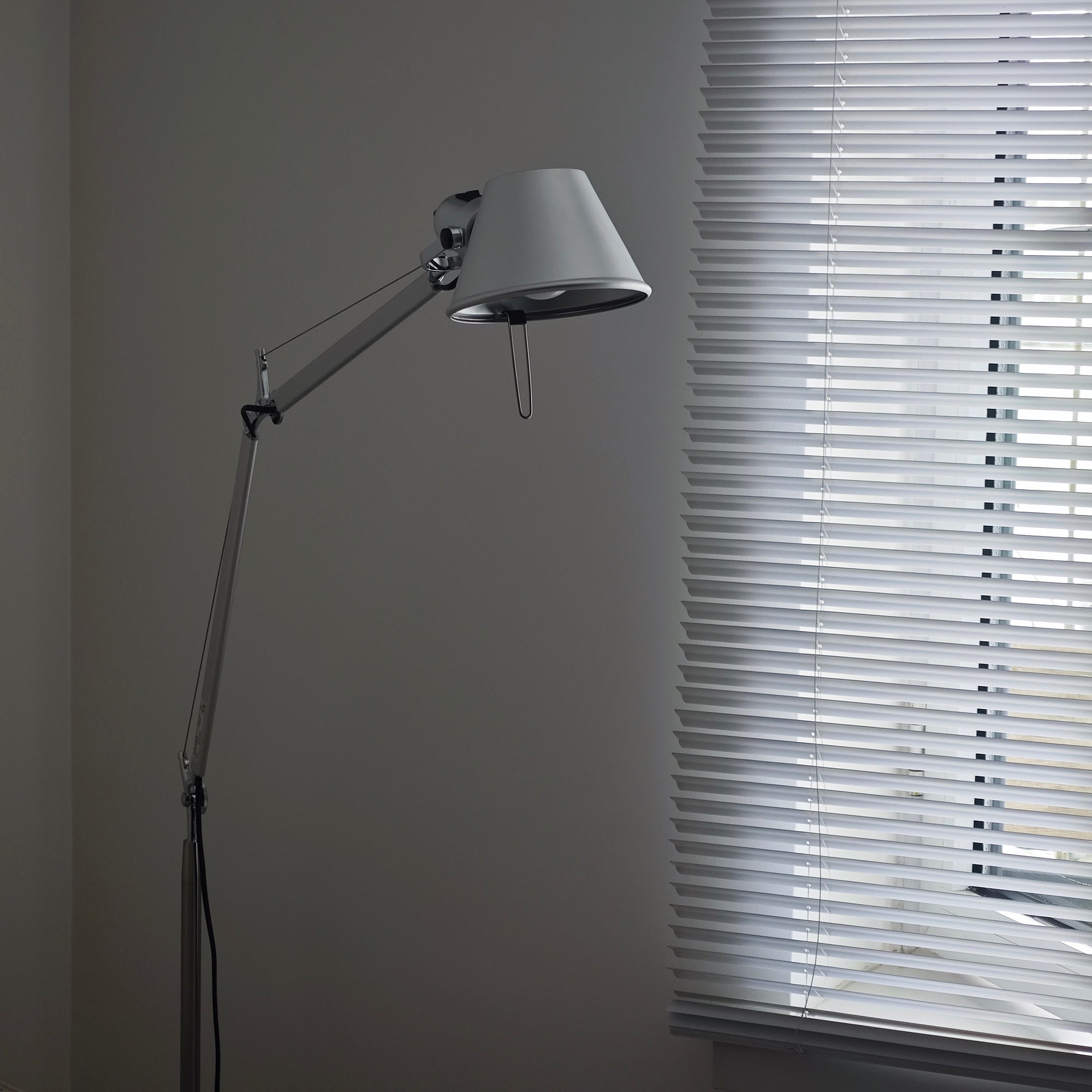 The taller version of the Brady floor lamp next to a sofa.