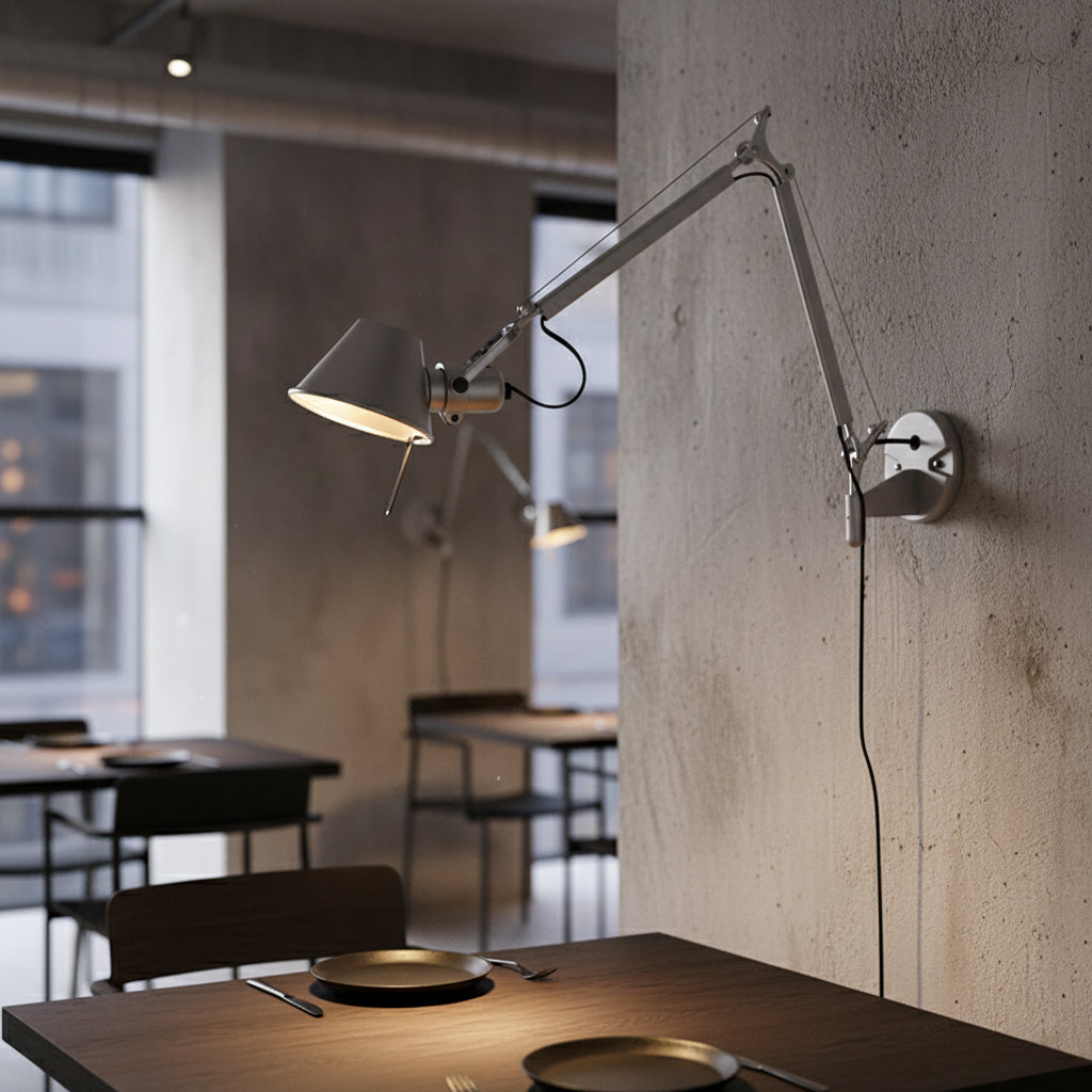 Close-up of the silver aluminum shade on the Brady sconce.