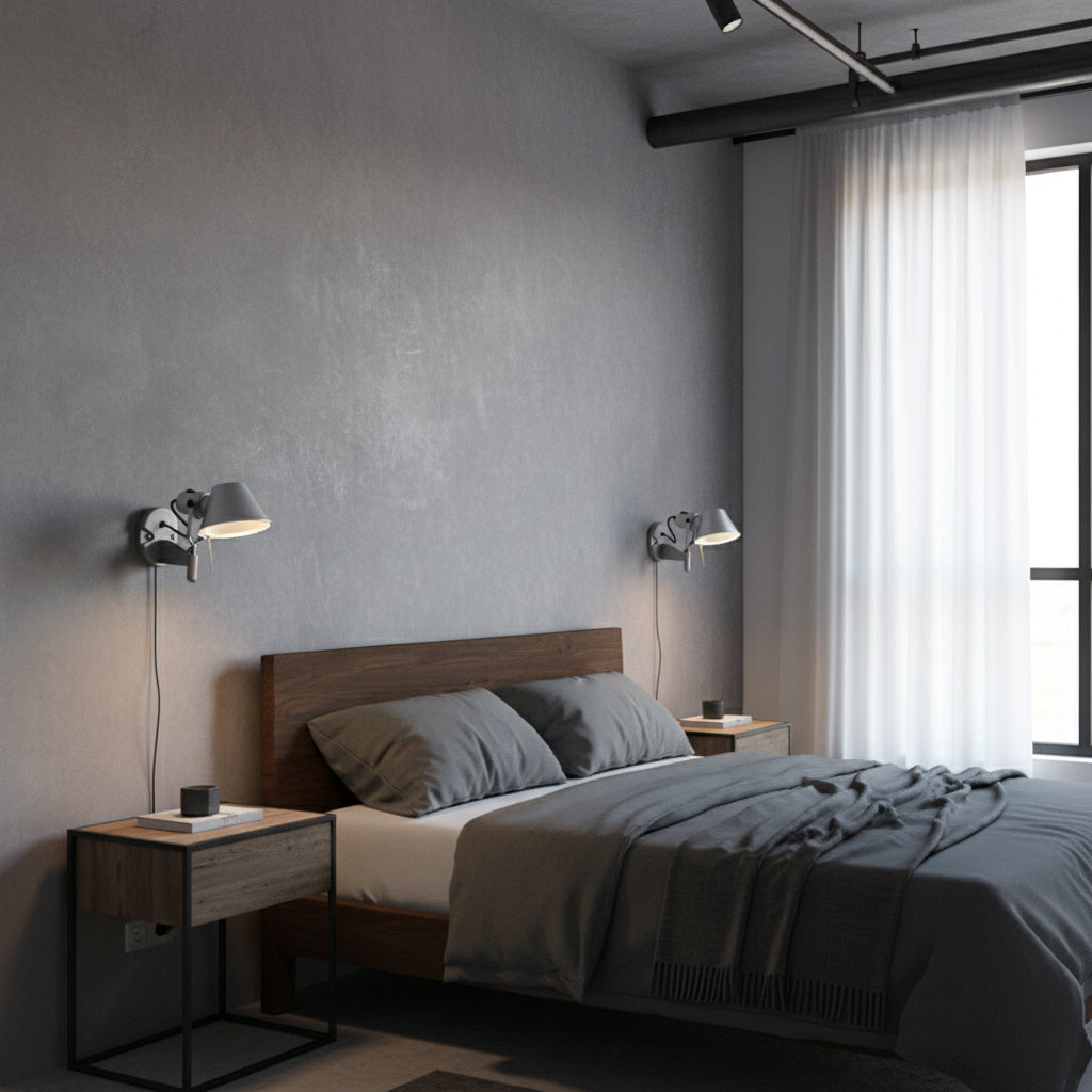 Brady sconce installed in a modern bedroom as a bedside light.