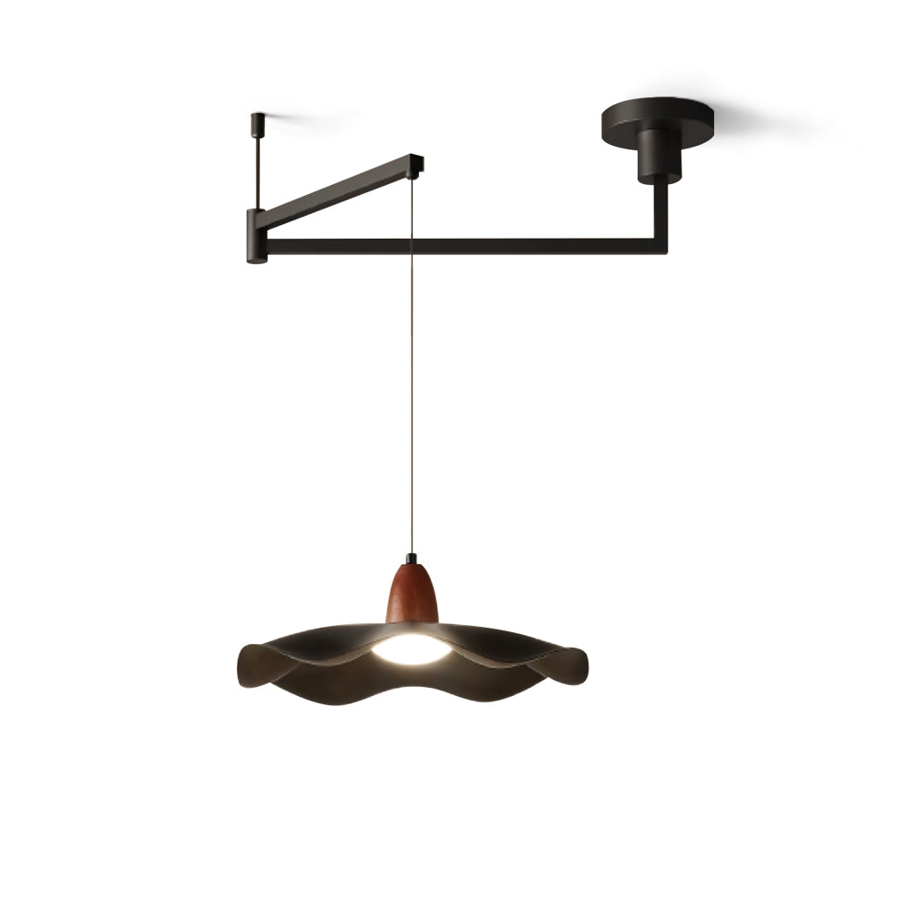 Tonone swing arm pendant light with black wavy shade and wood accent.