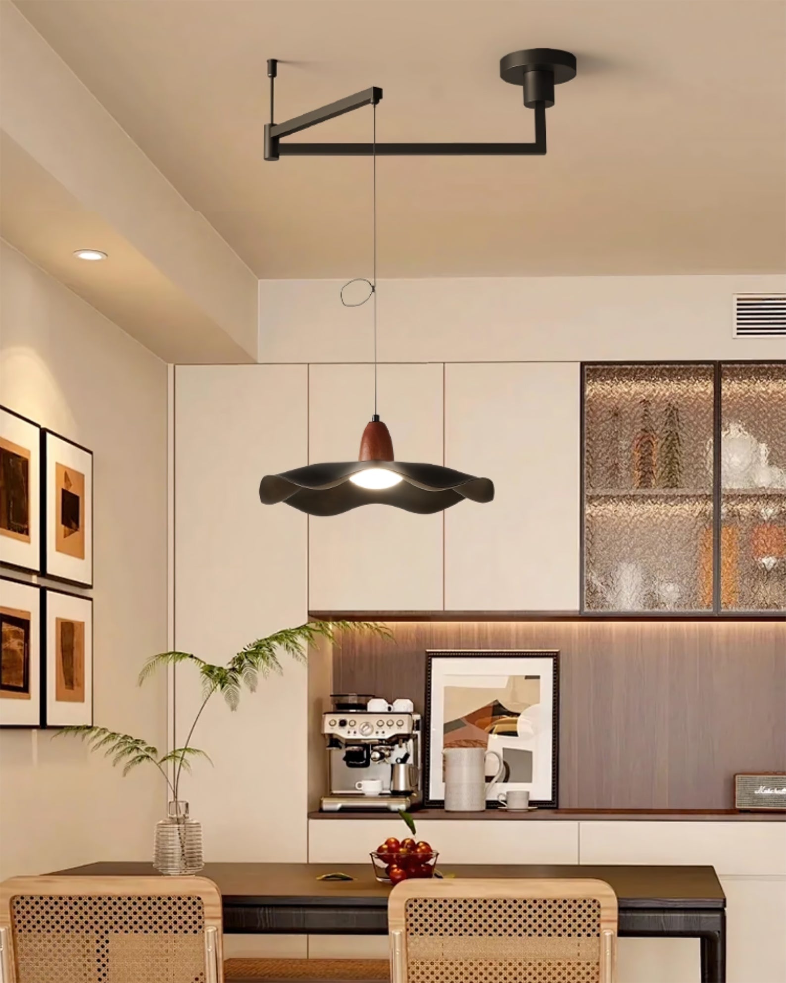 Pendant light positioned as a reading light in a cozy nook.