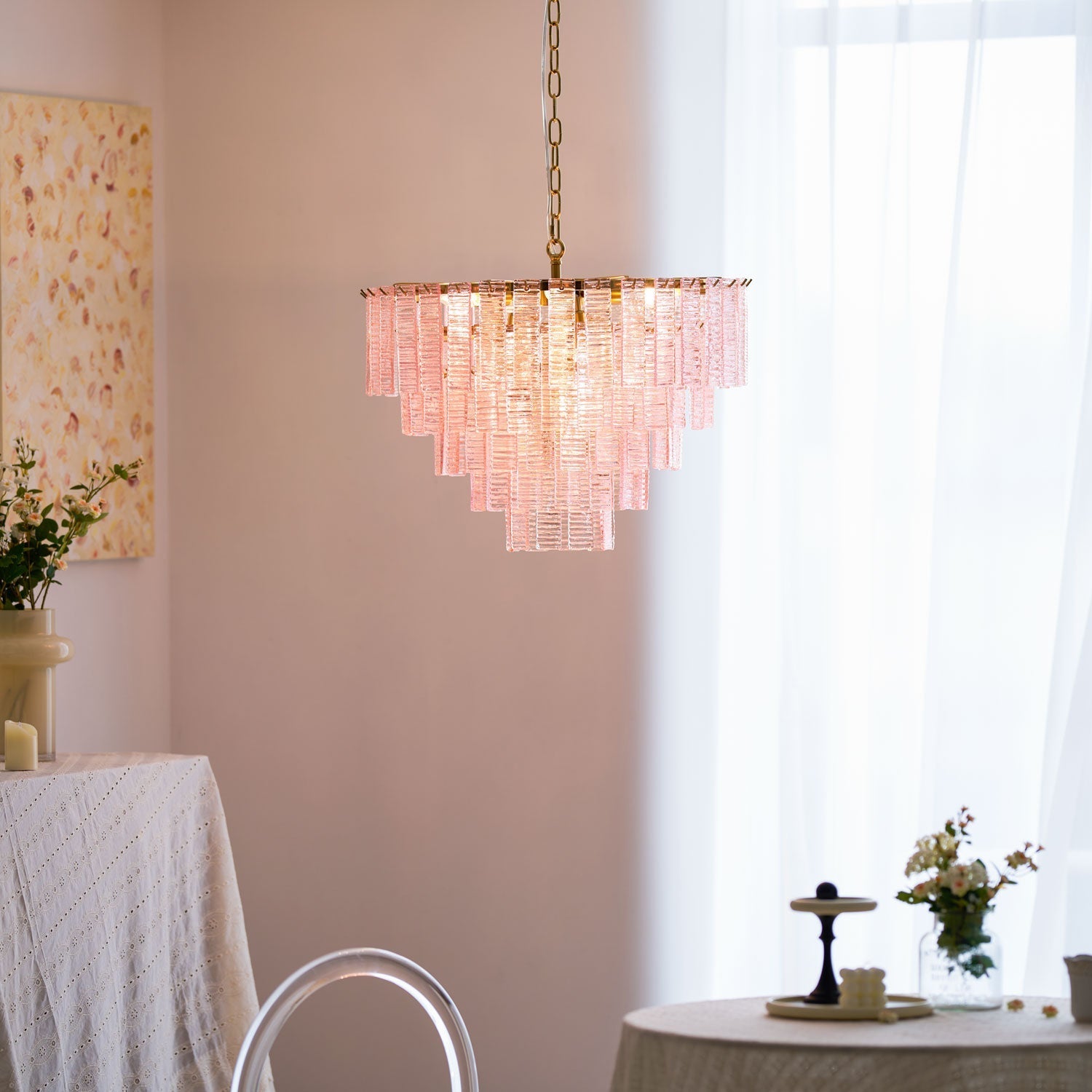 Aurora Chandelier Pink Murano Glass Layered Vintage Luxury-Neutral Decor