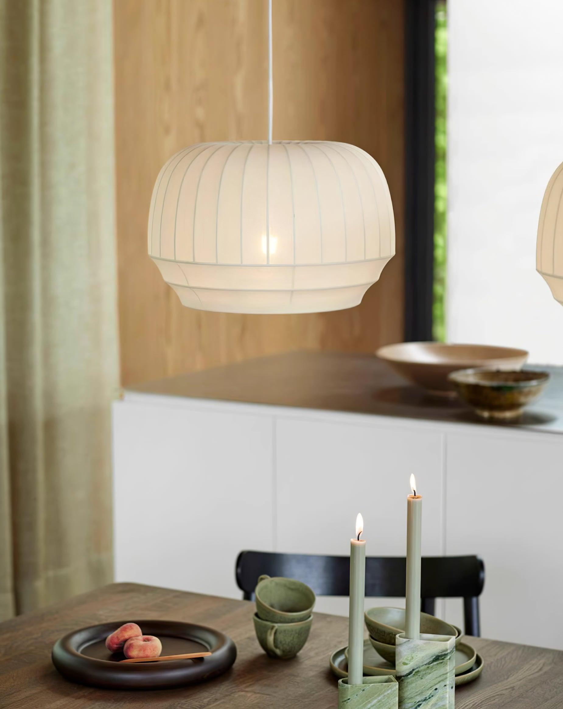 Taro Pendant Lamp Silk Shade White Fabric Vertical Lines Soft Modern Minimalist-Neutral Decor