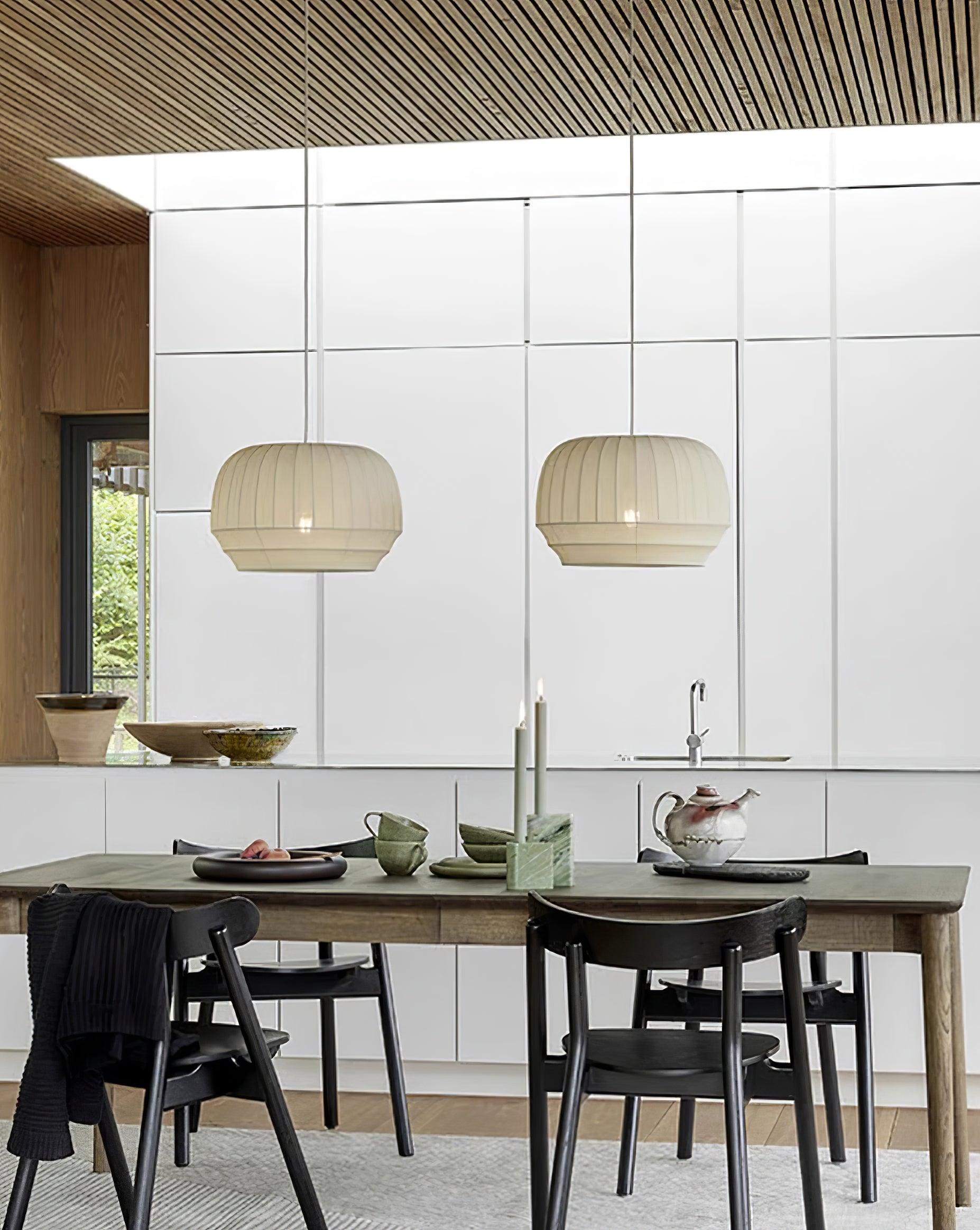 Taro Pendant Lamp Silk Shade White Fabric Vertical Lines Soft Modern Minimalist-Neutral Decor