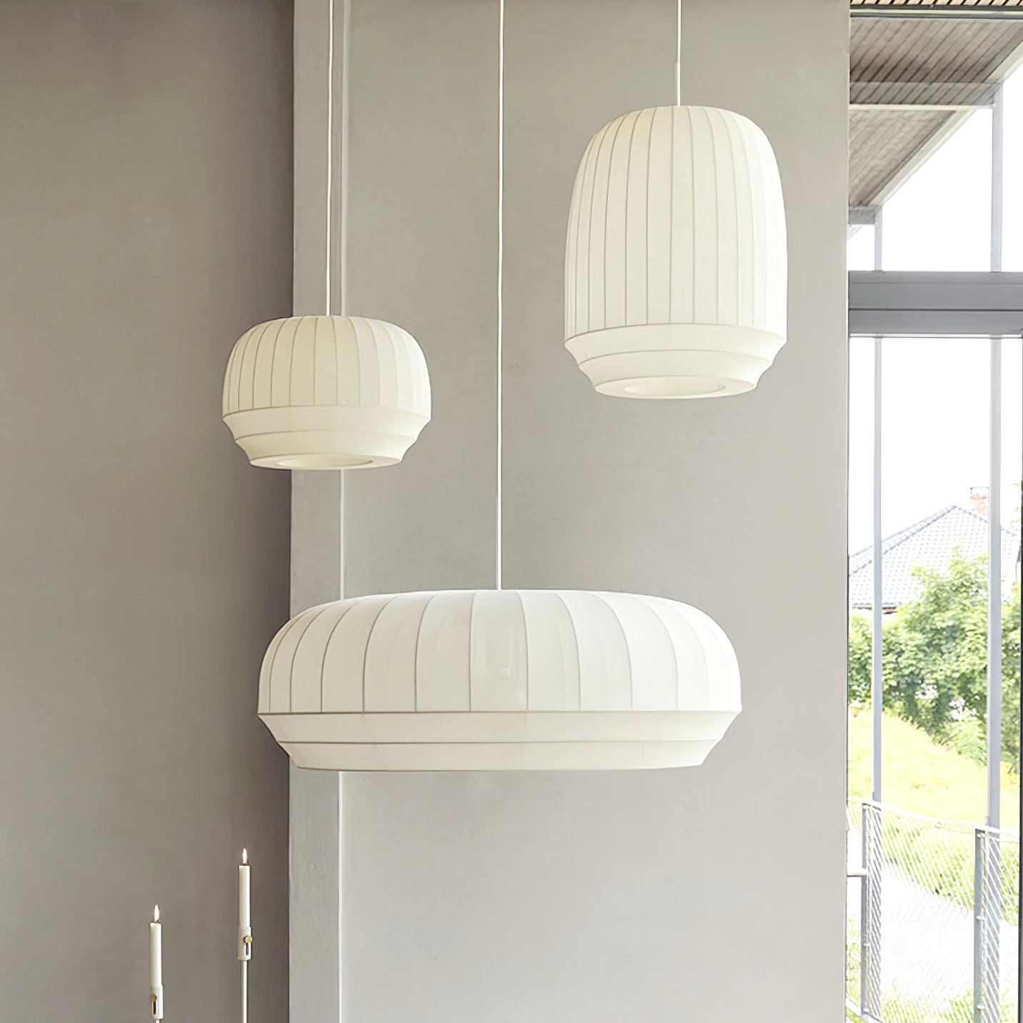 Taro Pendant Lamp Silk Shade White Fabric Vertical Lines Soft Modern Minimalist-Neutral Decor
