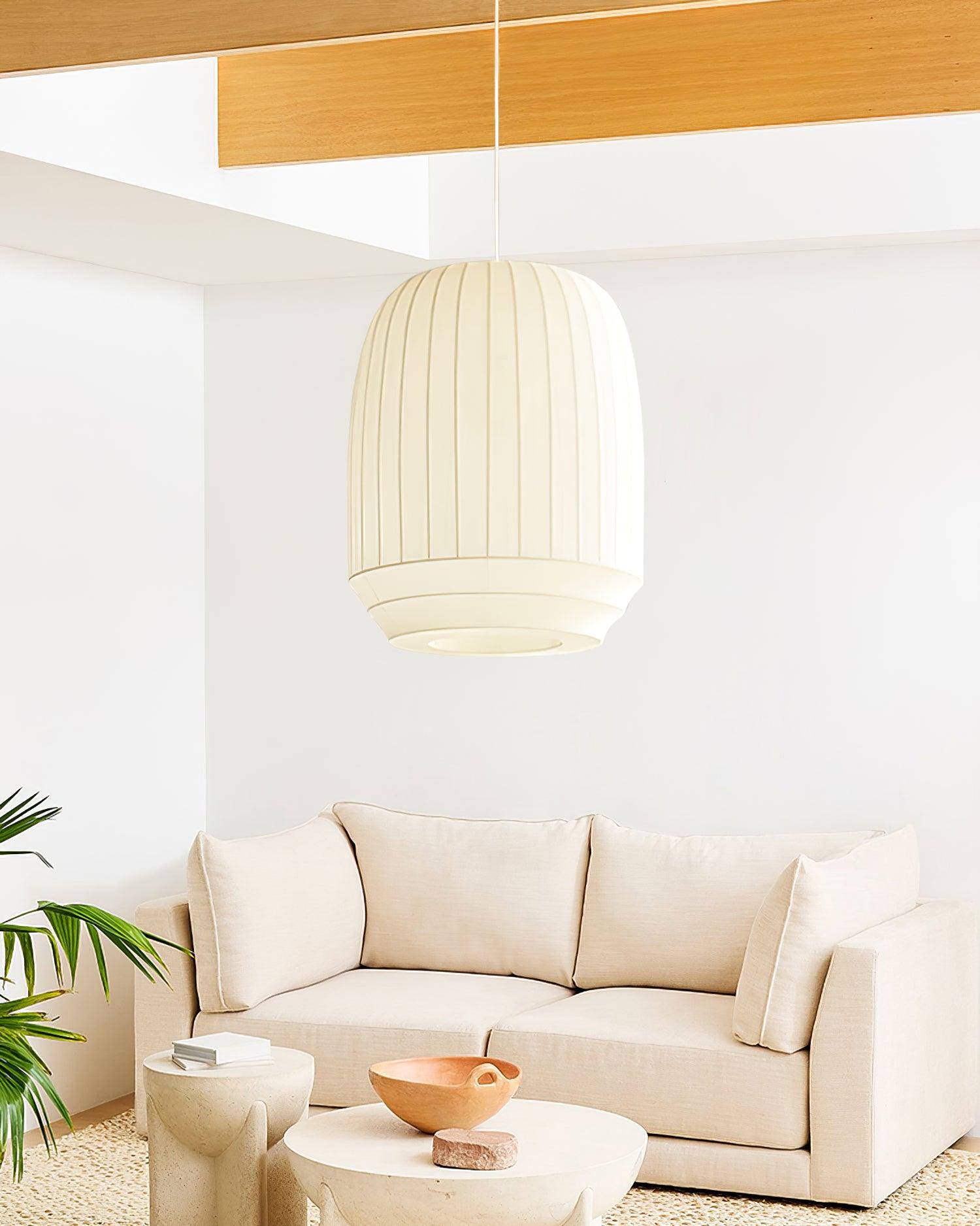 Taro Pendant Lamp Silk Shade White Fabric Vertical Lines Soft Modern Minimalist-Neutral Decor