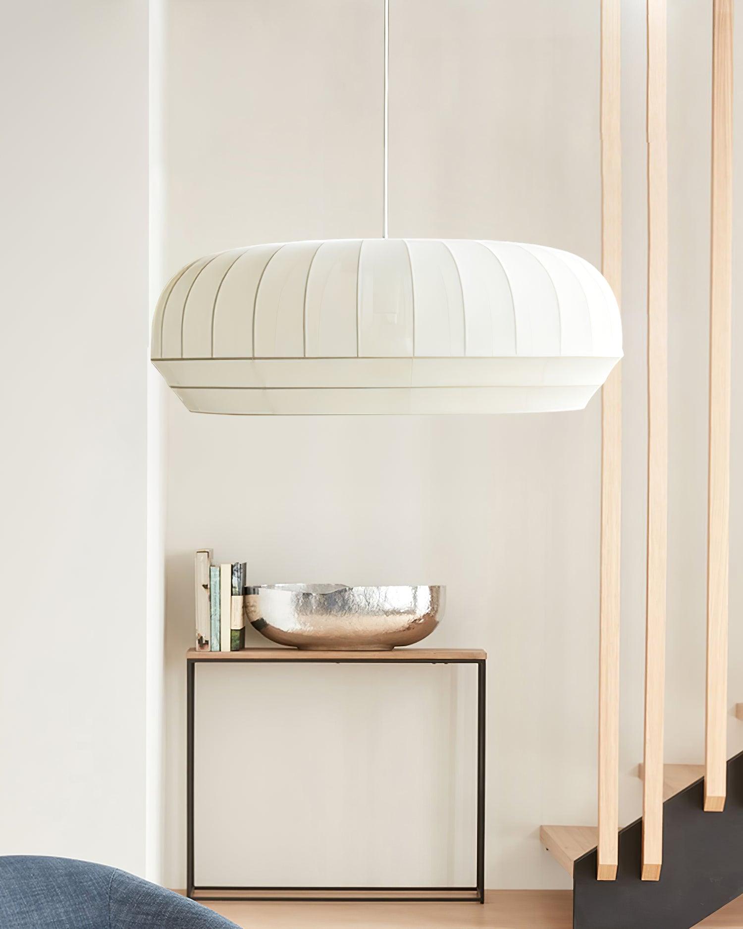 Taro Pendant Lamp Silk Shade White Fabric Vertical Lines Soft Modern Minimalist-Neutral Decor