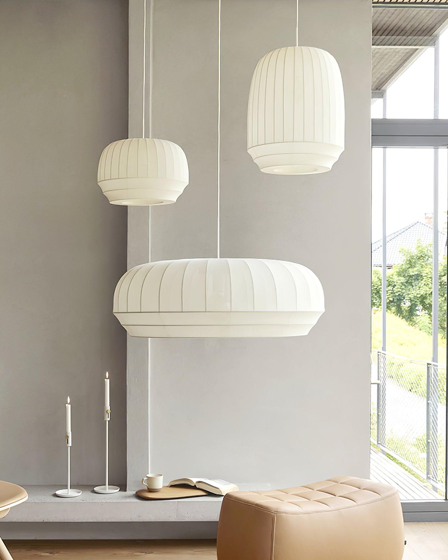 Taro Pendant Lamp Silk Shade White Fabric Vertical Lines Soft Modern Minimalist-Neutral Decor