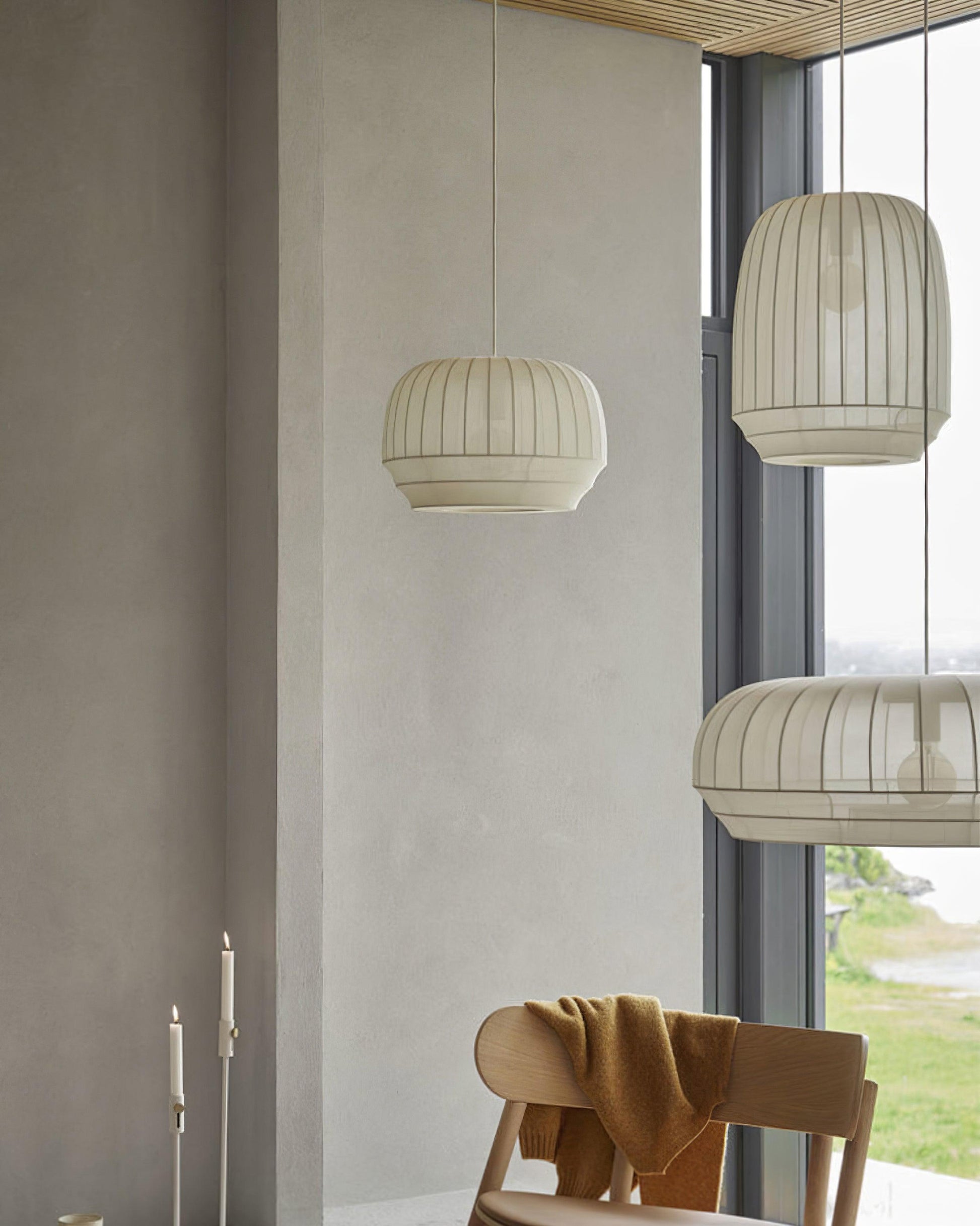 Taro Pendant Lamp Silk Shade White Fabric Vertical Lines Soft Modern Minimalist-Neutral Decor