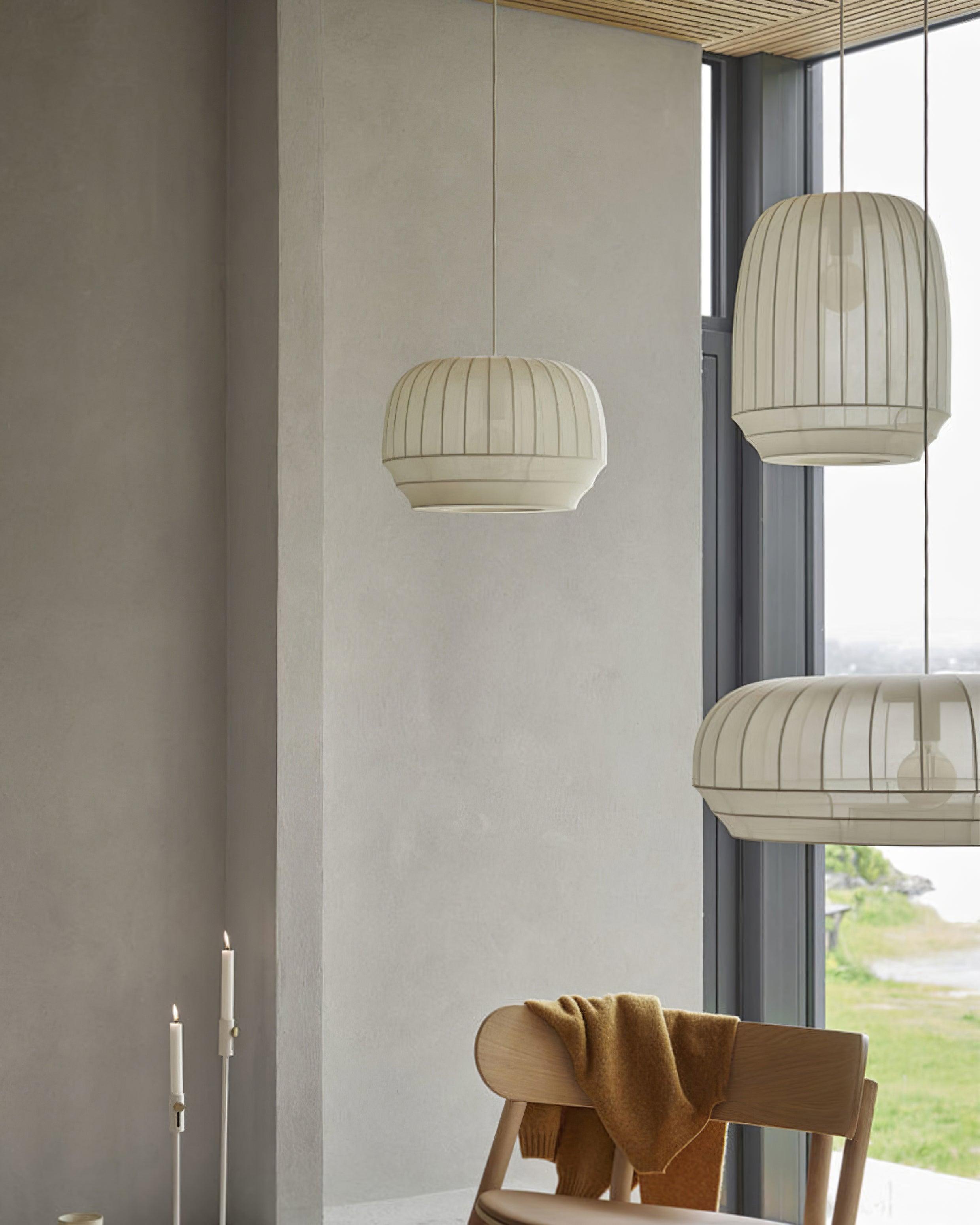 Taro Pendant Lamp Silk Shade White Fabric Vertical Lines Soft Modern Minimalist-Neutral Decor