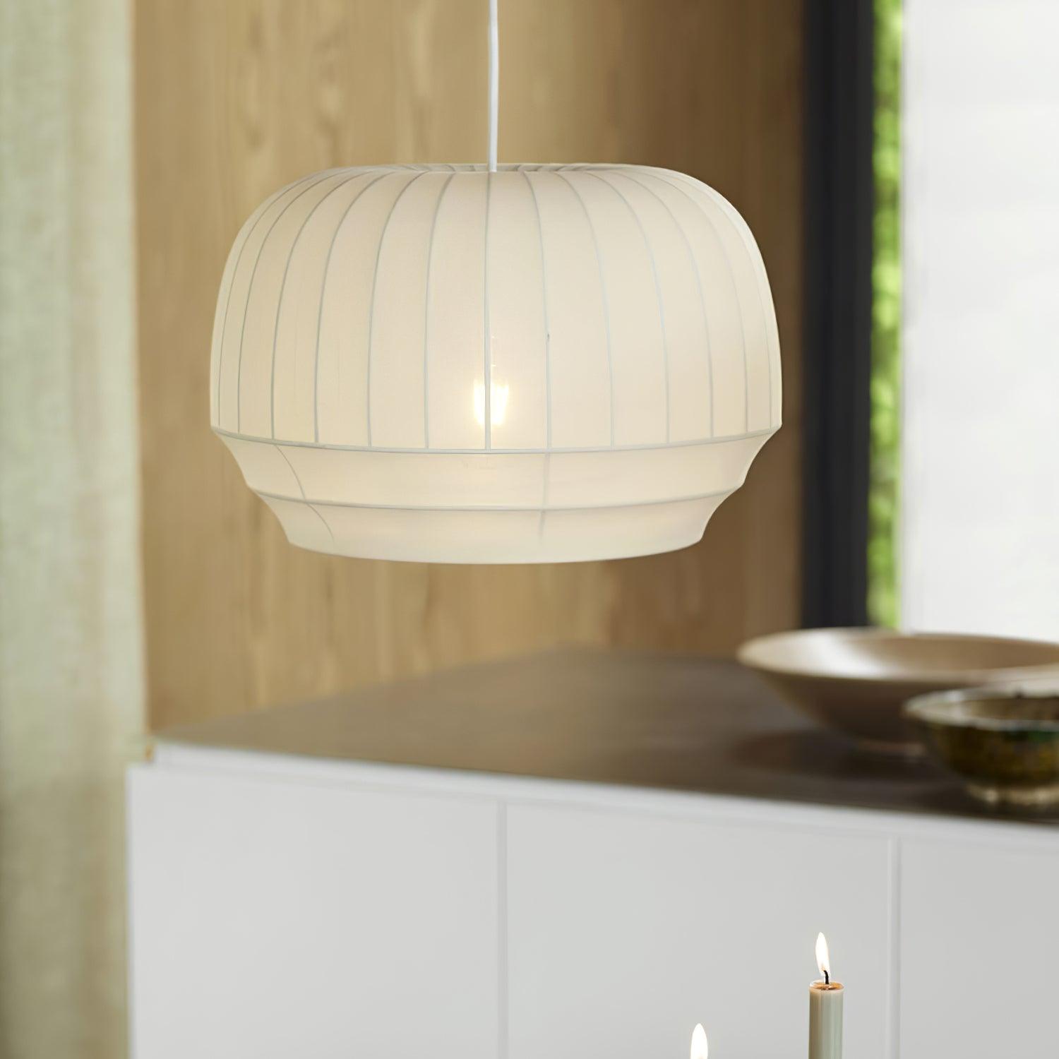 Taro Pendant Lamp Silk Shade White Fabric Vertical Lines Soft Modern Minimalist-Neutral Decor