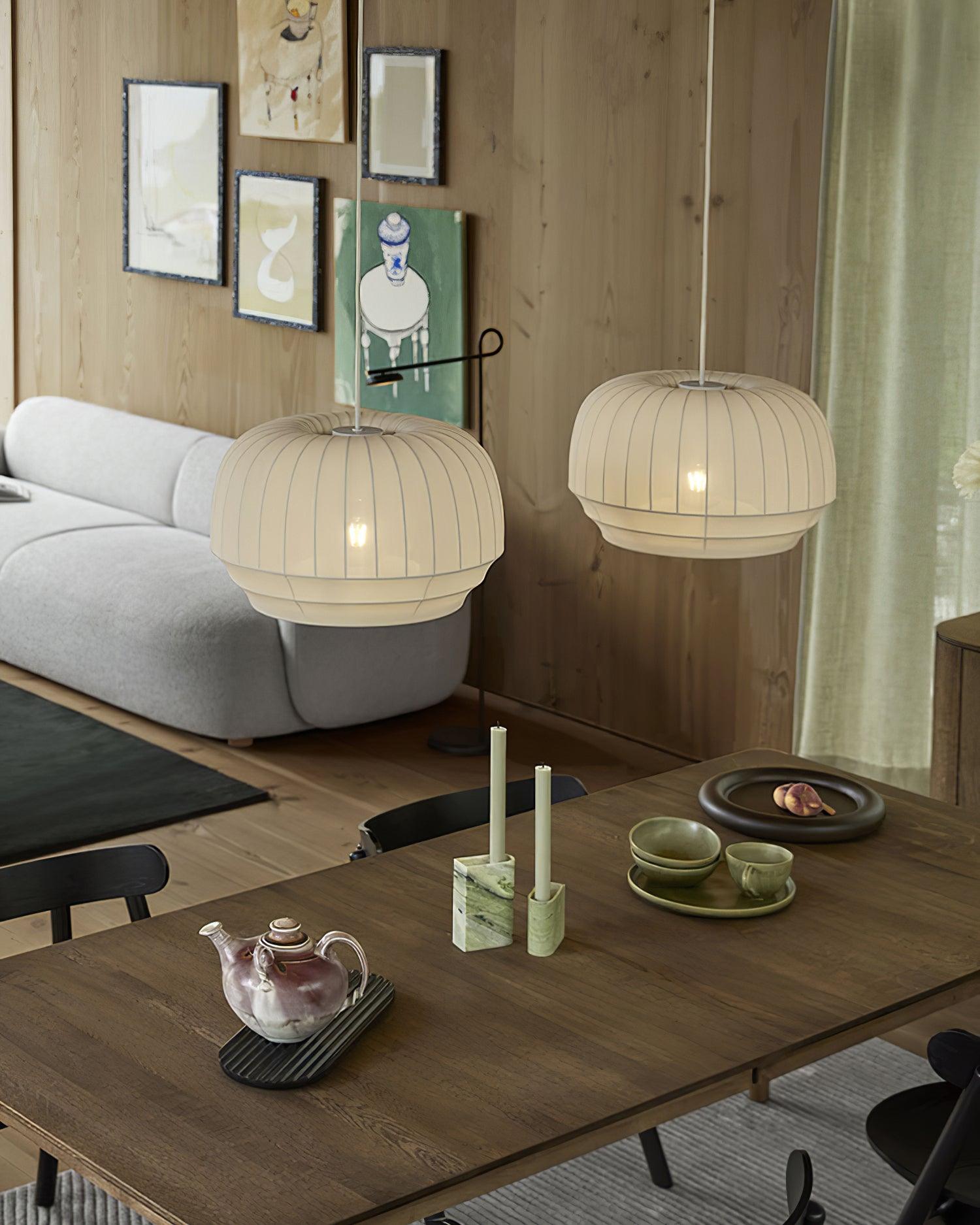 Taro Pendant Lamp Silk Shade White Fabric Vertical Lines Soft Modern Minimalist-Neutral Decor