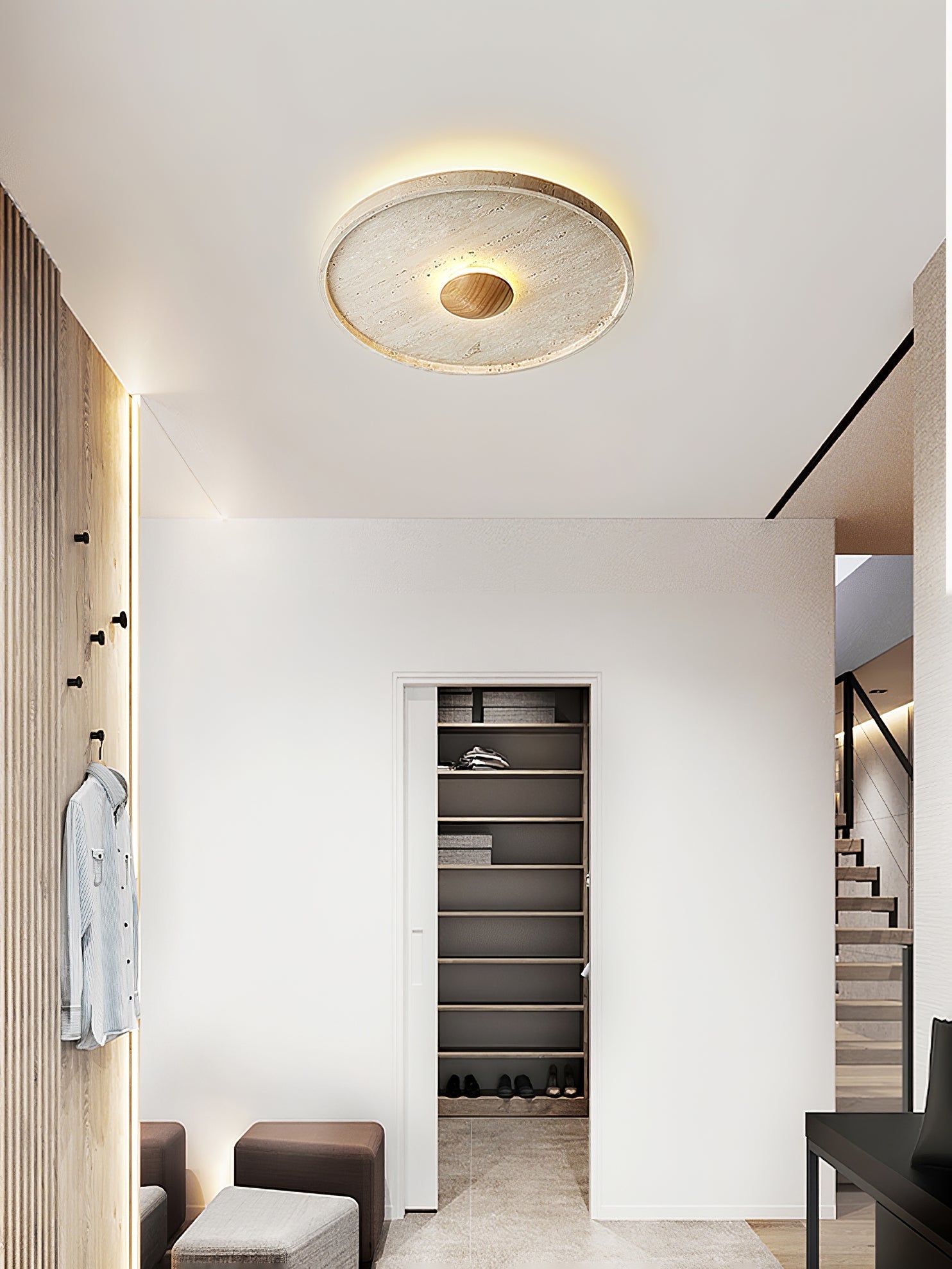 Lumiround Disc Inset Travertine Ceiling Light-Neutral Decor