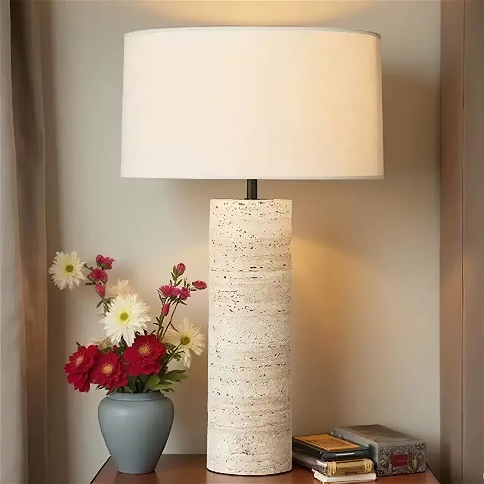 Travertine Column Table Lamp-Neutral Decor