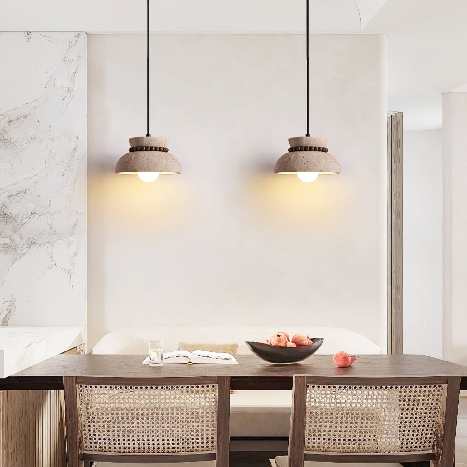 Travertine Wooden Bead Pendant Lamp-Neutral Decor