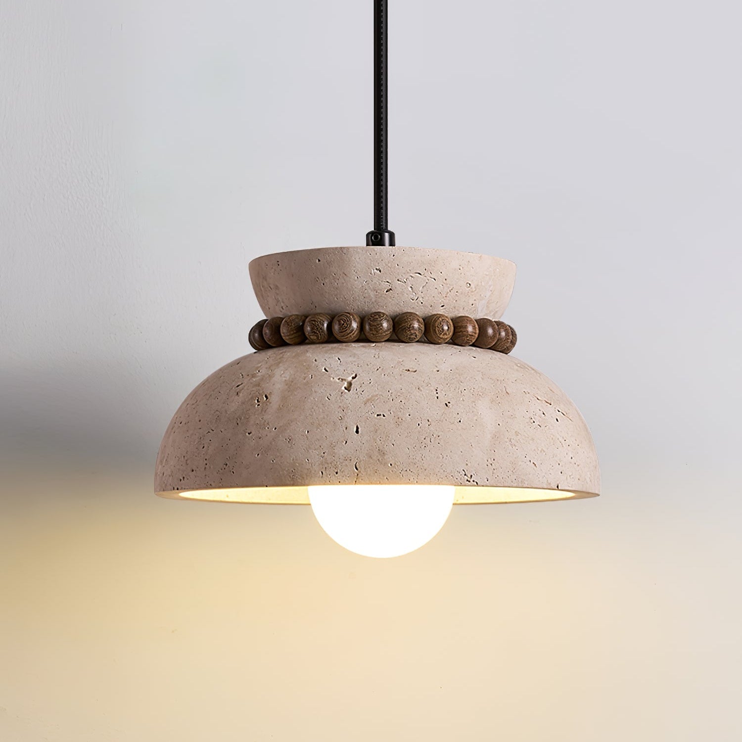 Travertine Wooden Bead Pendant Lamp-Neutral Decor
