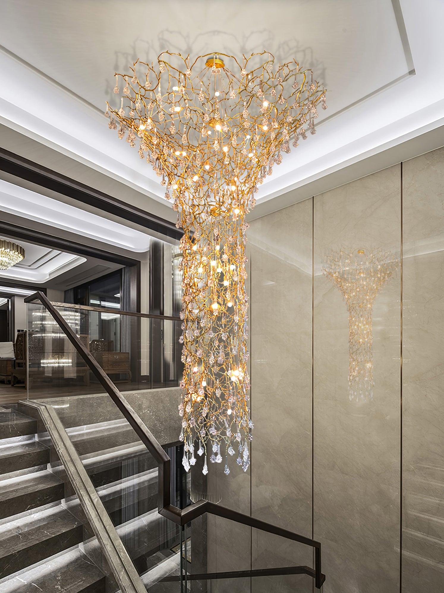 Abeleisa Tree Branch Staircase Brass Crystal Chandelier-Neutral Decor