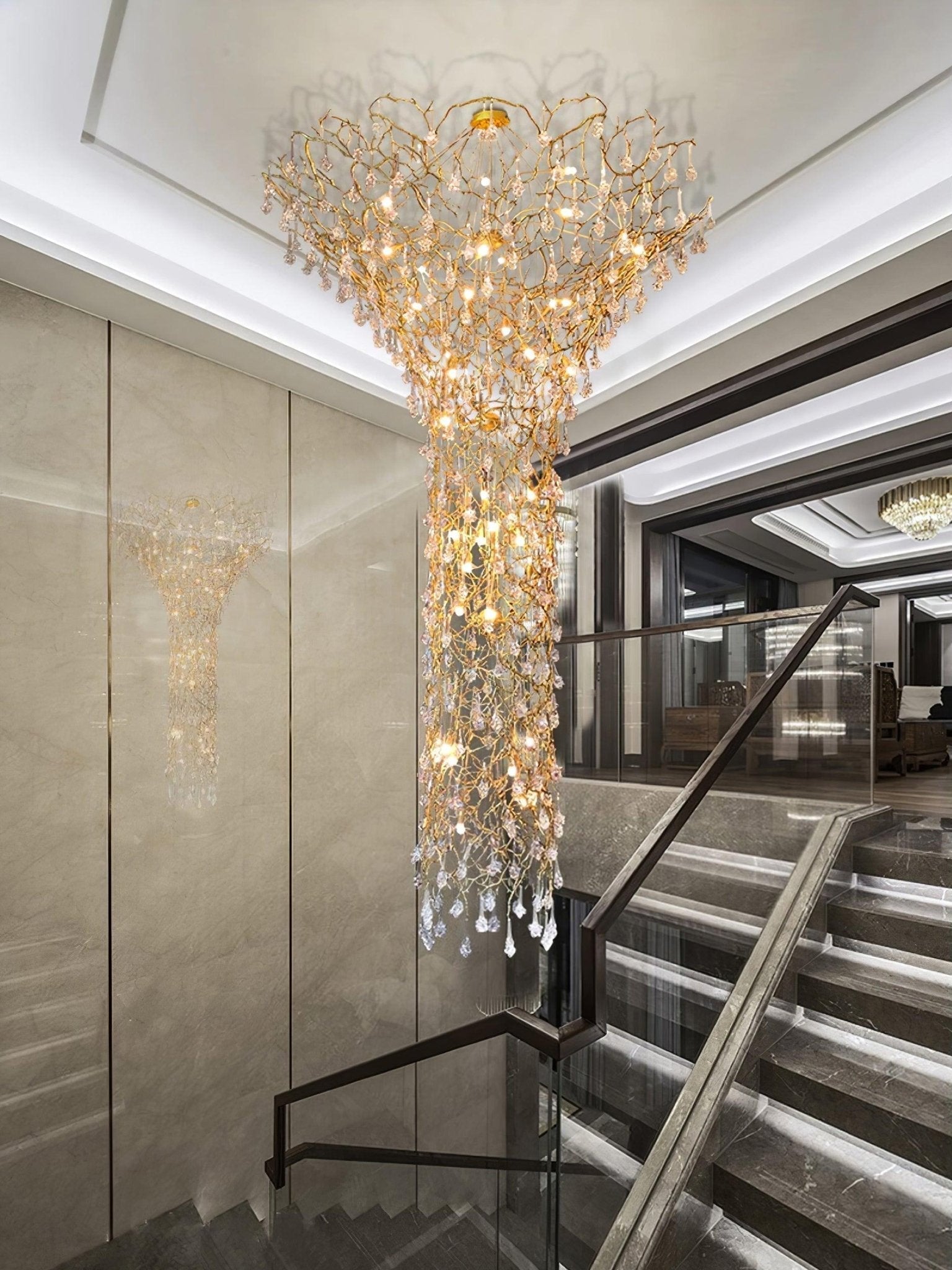 Abeleisa Tree Branch Staircase Brass Crystal Chandelier-Neutral Decor