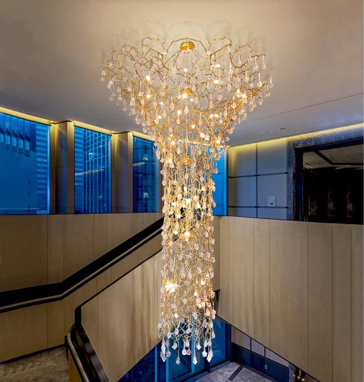 Abeleisa Tree Branch Staircase Brass Crystal Chandelier-Neutral Decor