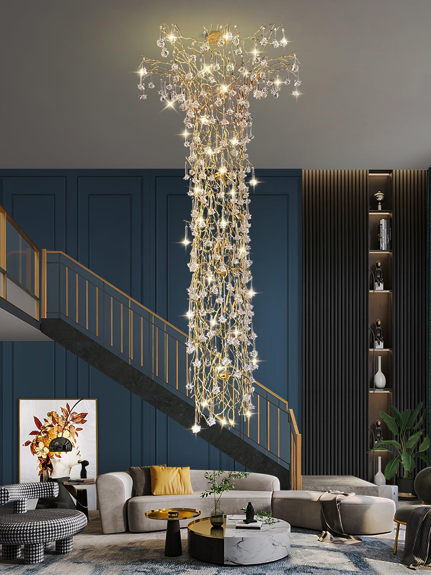 Abeleisa Tree Branch Staircase Brass Crystal Chandelier-Neutral Decor