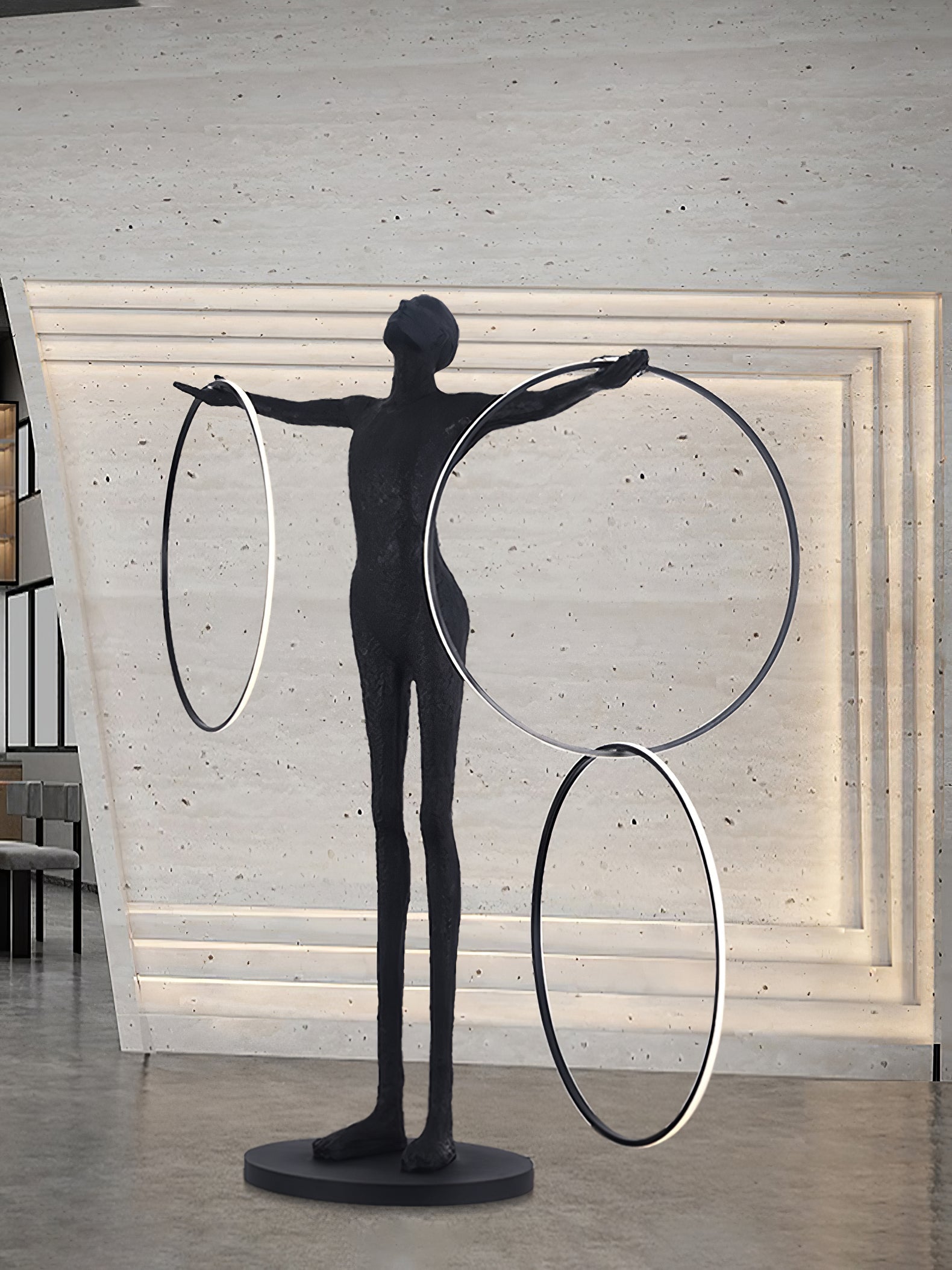 Eclipsa Dual-Ring Sculptural Black Floor Lamp-Neutral Decor