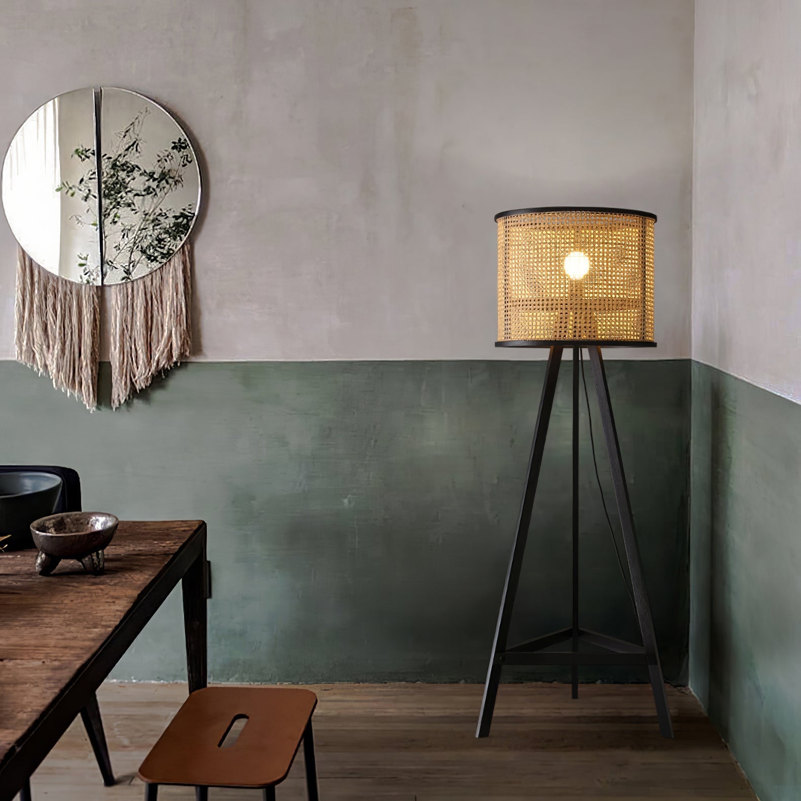 Olsolyra Rattan Woven Tripod Floor Lamp-Neutral Decor