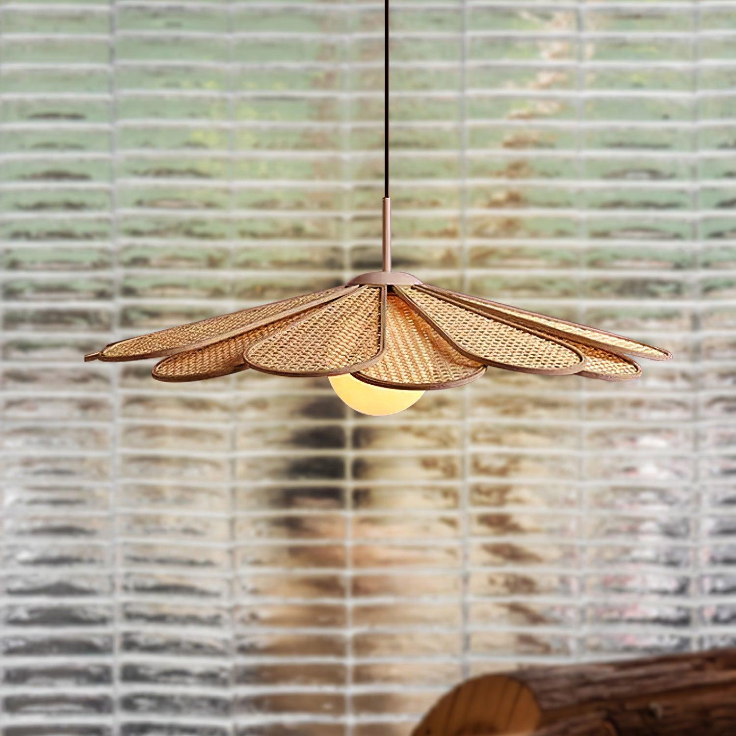 Pendant Lamp Rattan Petal Shade Metal Frame Tropical