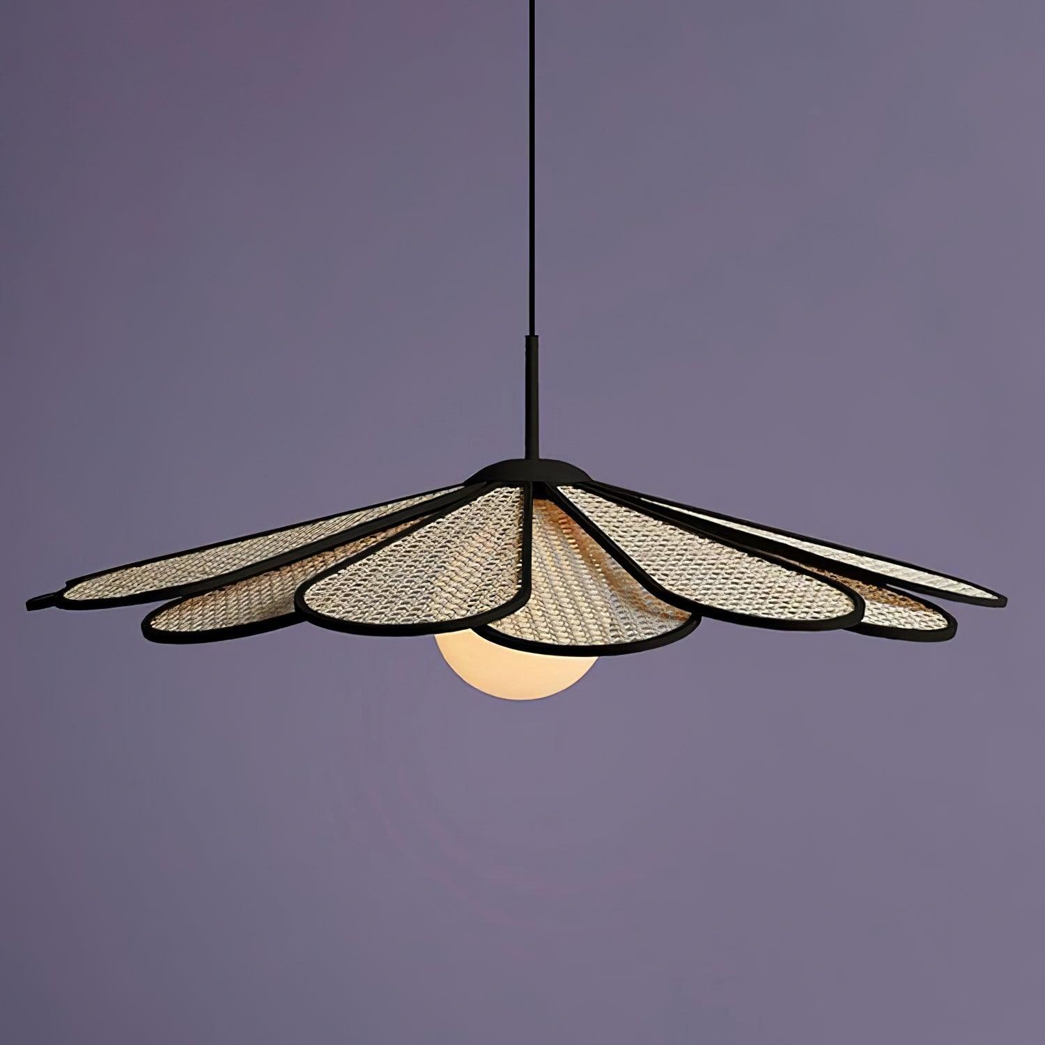 Pendant Lamp Rattan Petal Shade Metal Frame Tropical