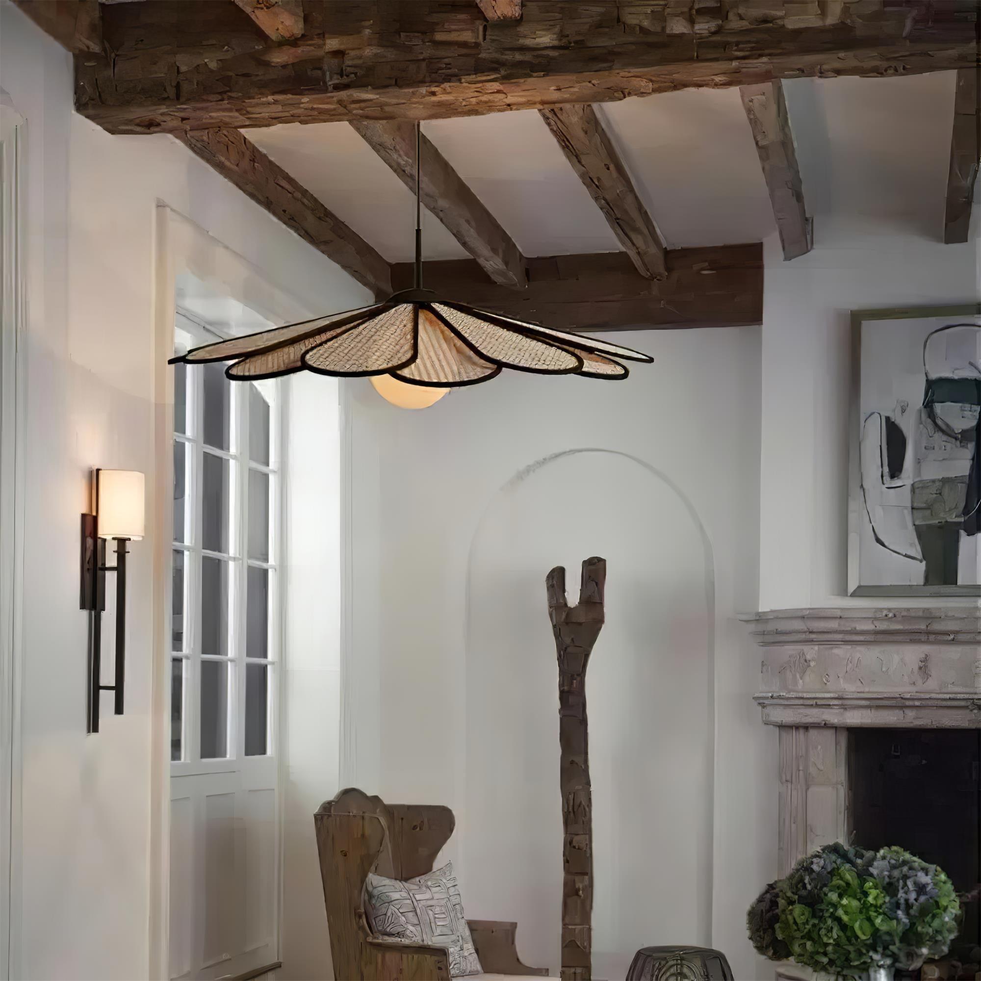 Pendant Lamp Rattan Petal Shade Metal Frame Tropical