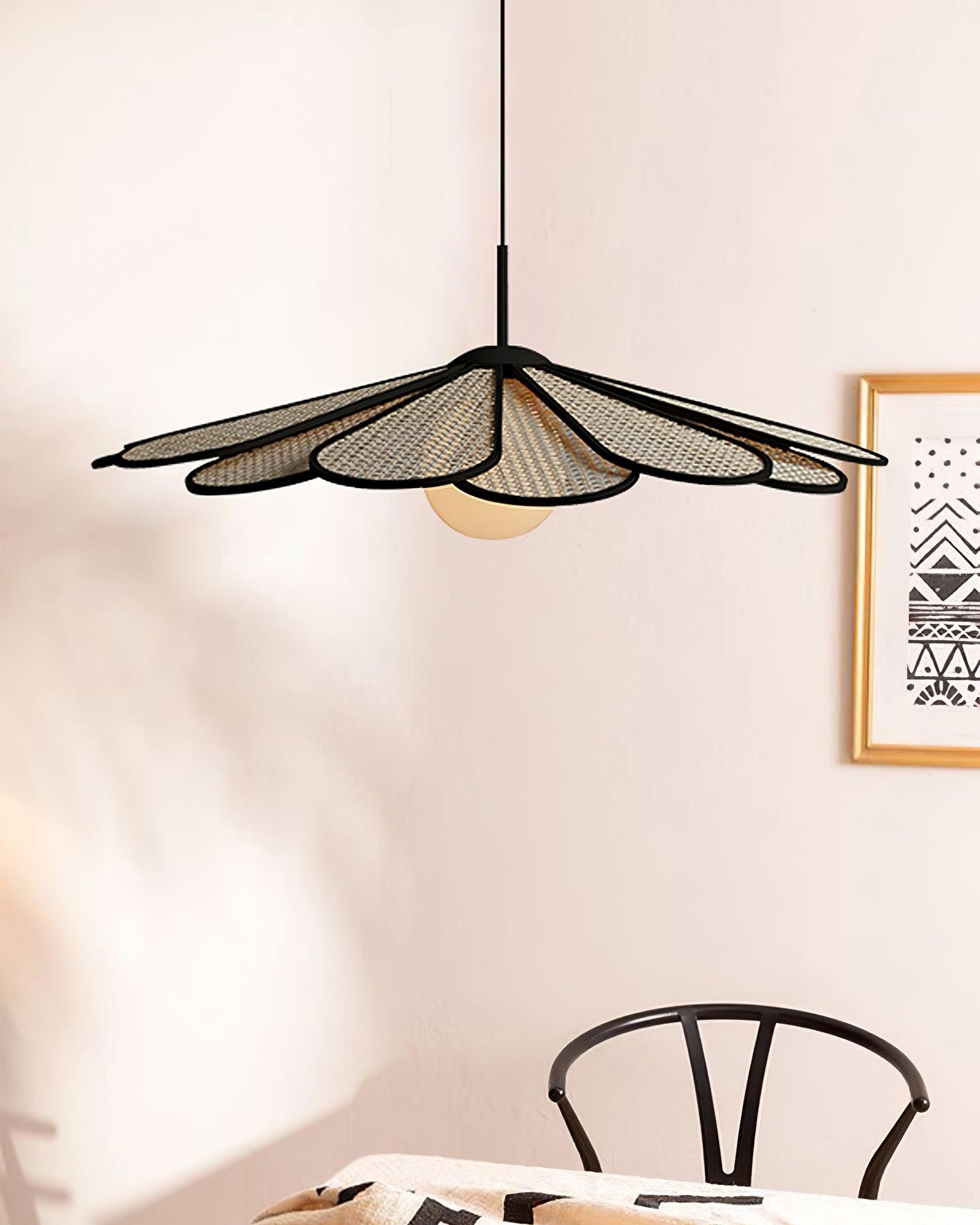 Pendant Lamp Rattan Petal Shade Metal Frame Tropical
