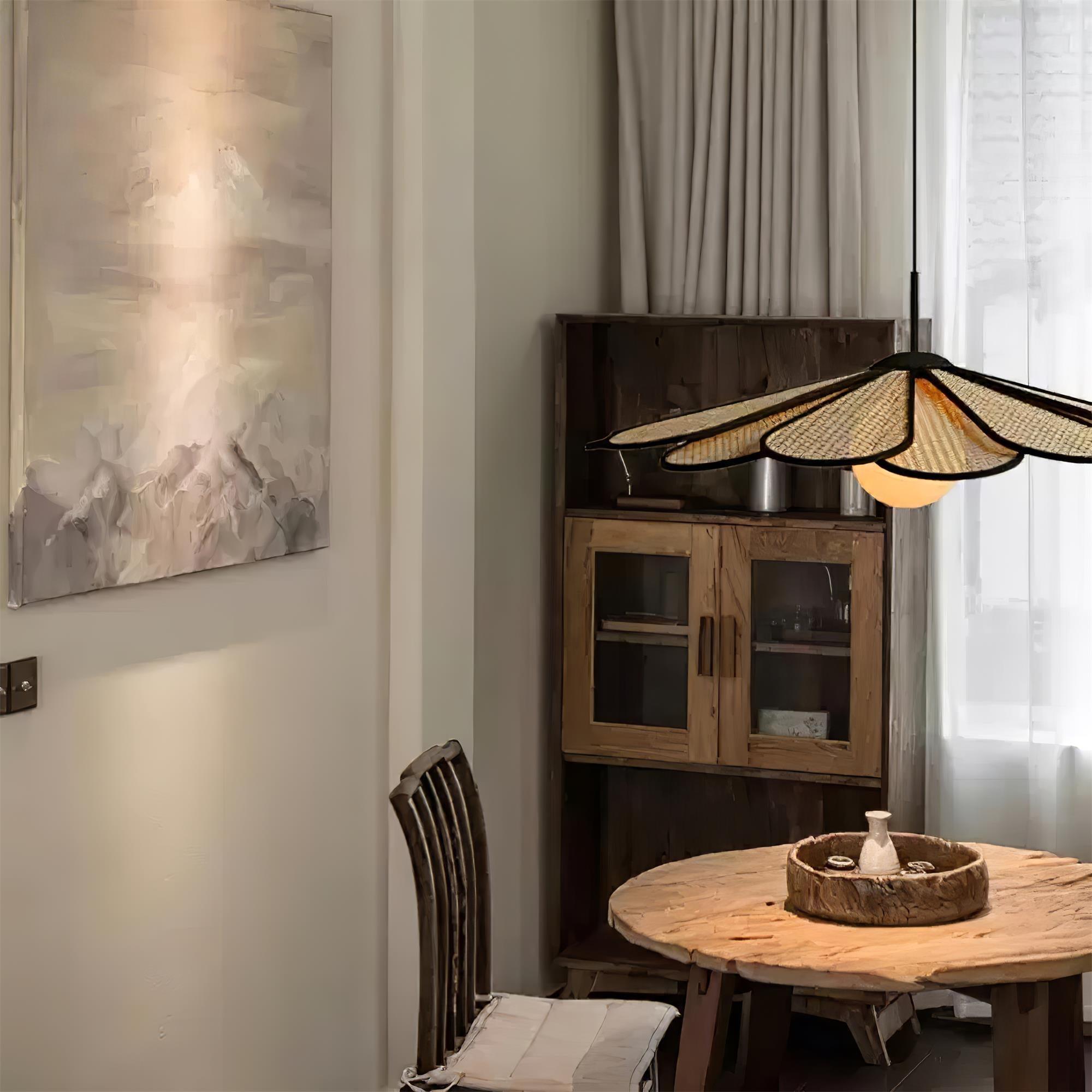 Pendant Lamp Rattan Petal Shade Metal Frame Tropical
