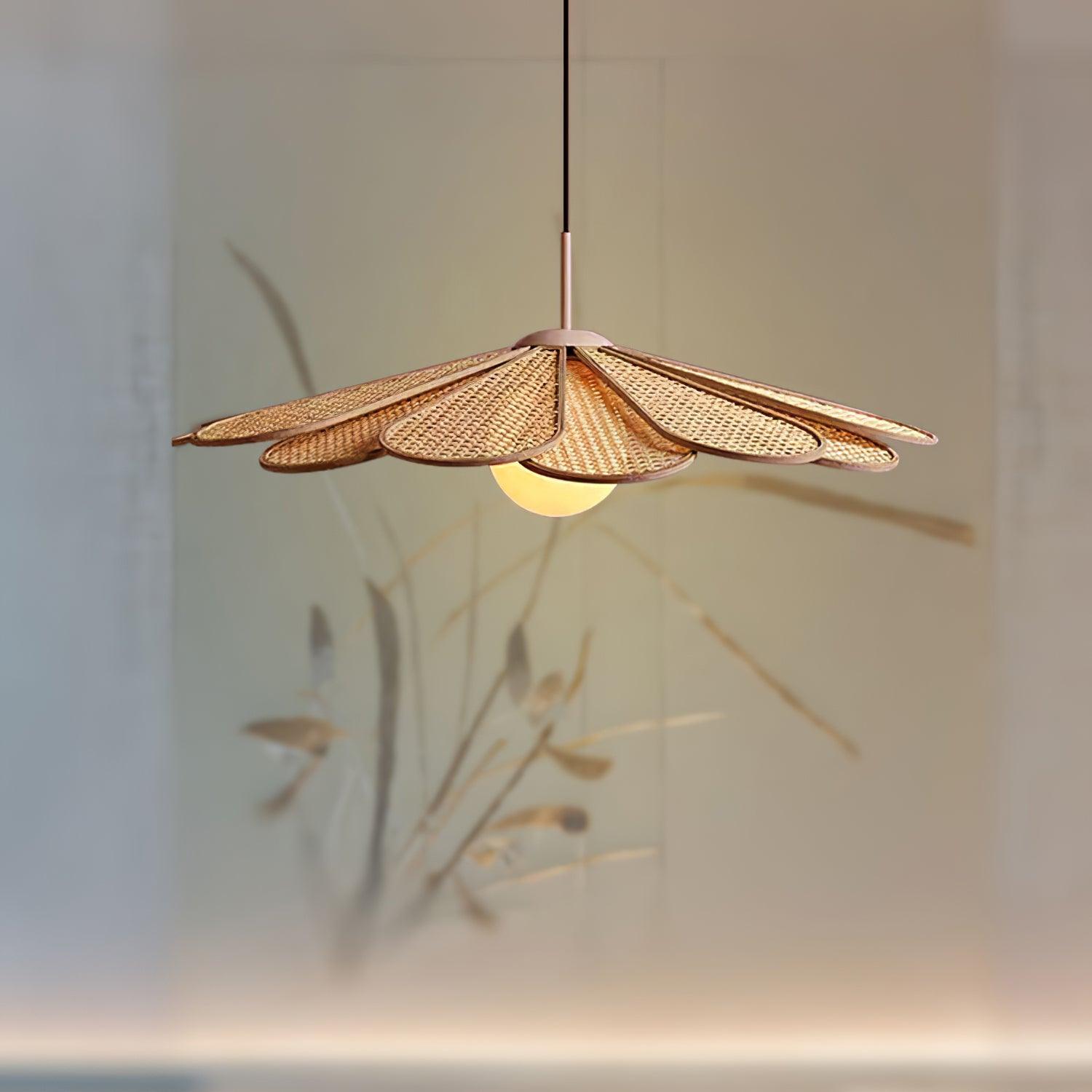 Pendant Lamp Rattan Petal Shade Metal Frame Tropical