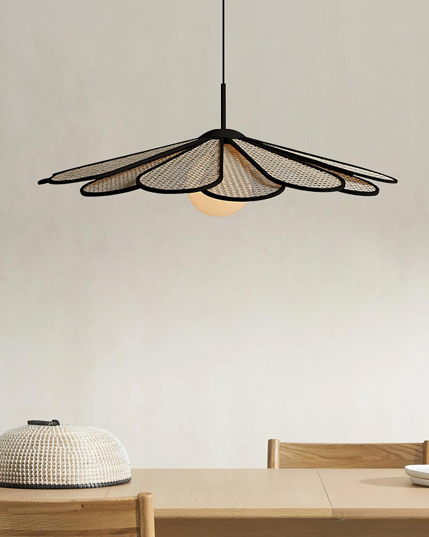 Pendant Lamp Rattan Petal Shade Metal Frame Tropical