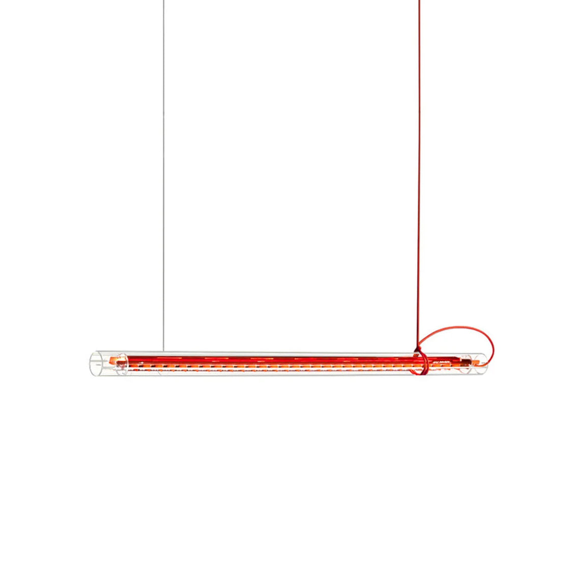 Tubular linear LED pendant lamp in clear glass finish.