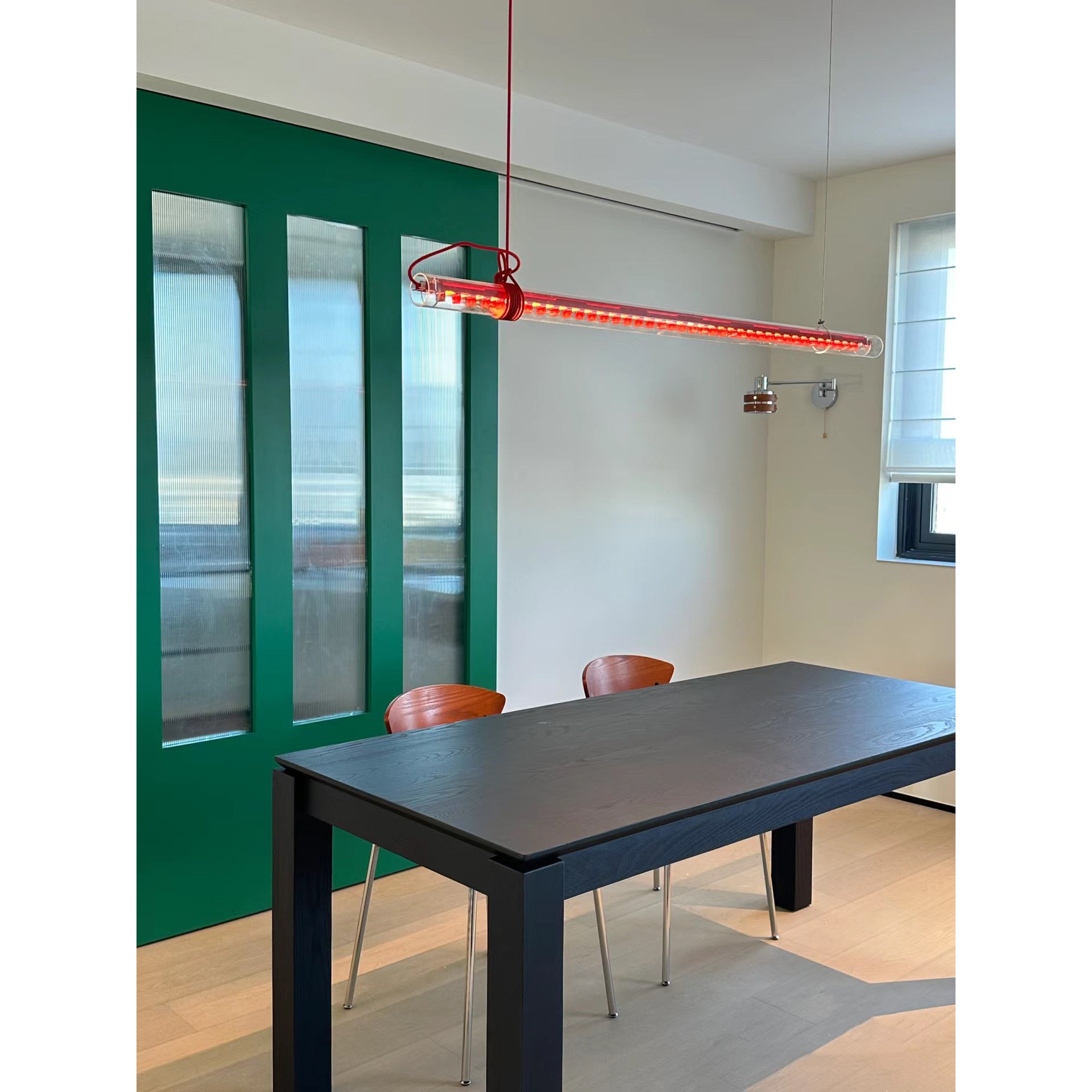 View from directly below the linear pendant lamp.