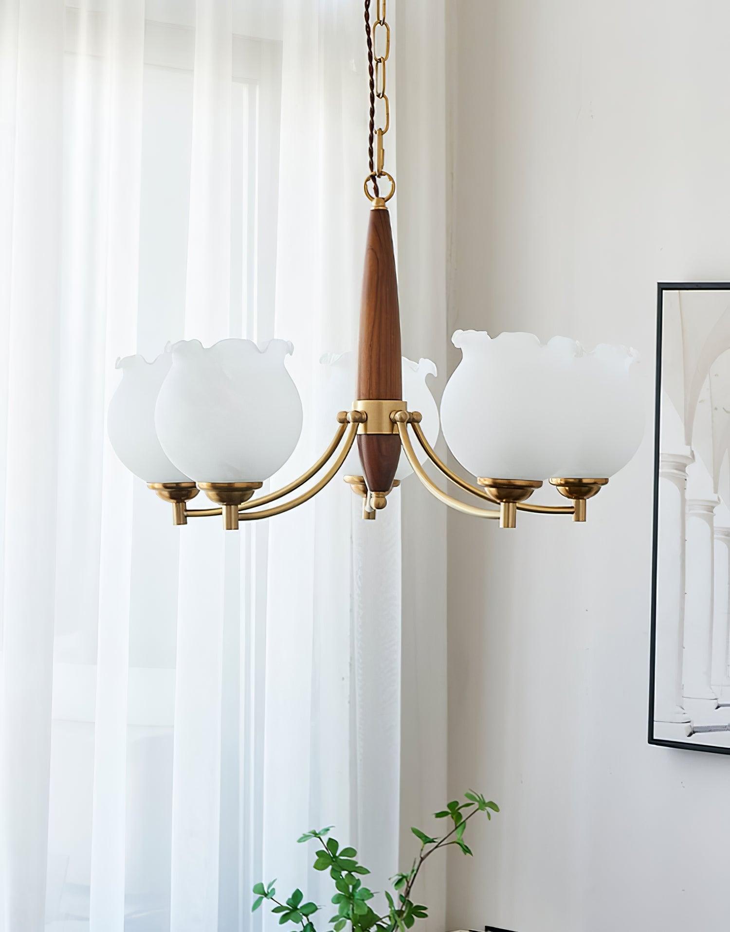Aminex Chandelier Tulip Glass Wood Brass Vintage-Neutral Decor