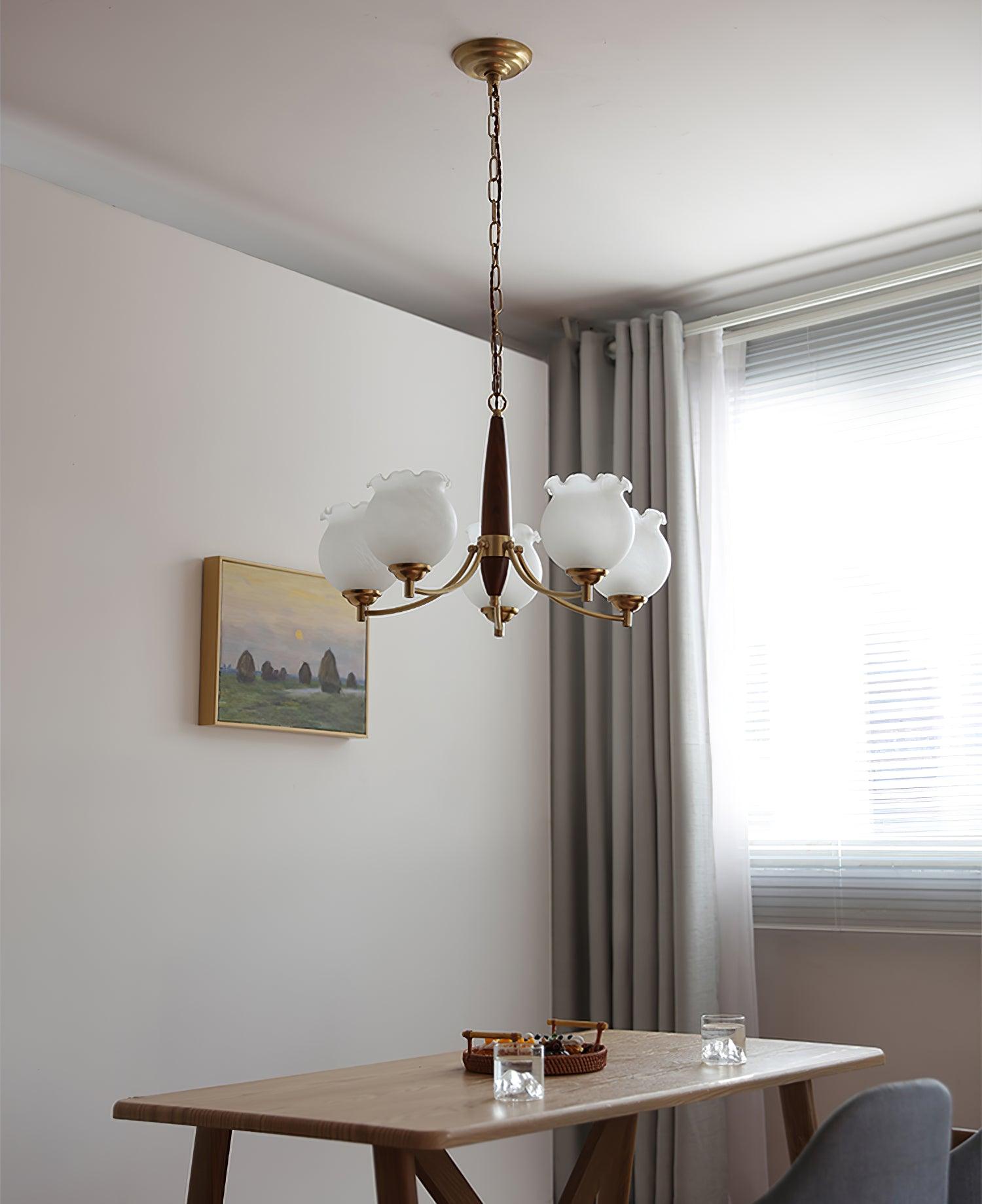 Aminex Chandelier Tulip Glass Wood Brass Vintage-Neutral Decor