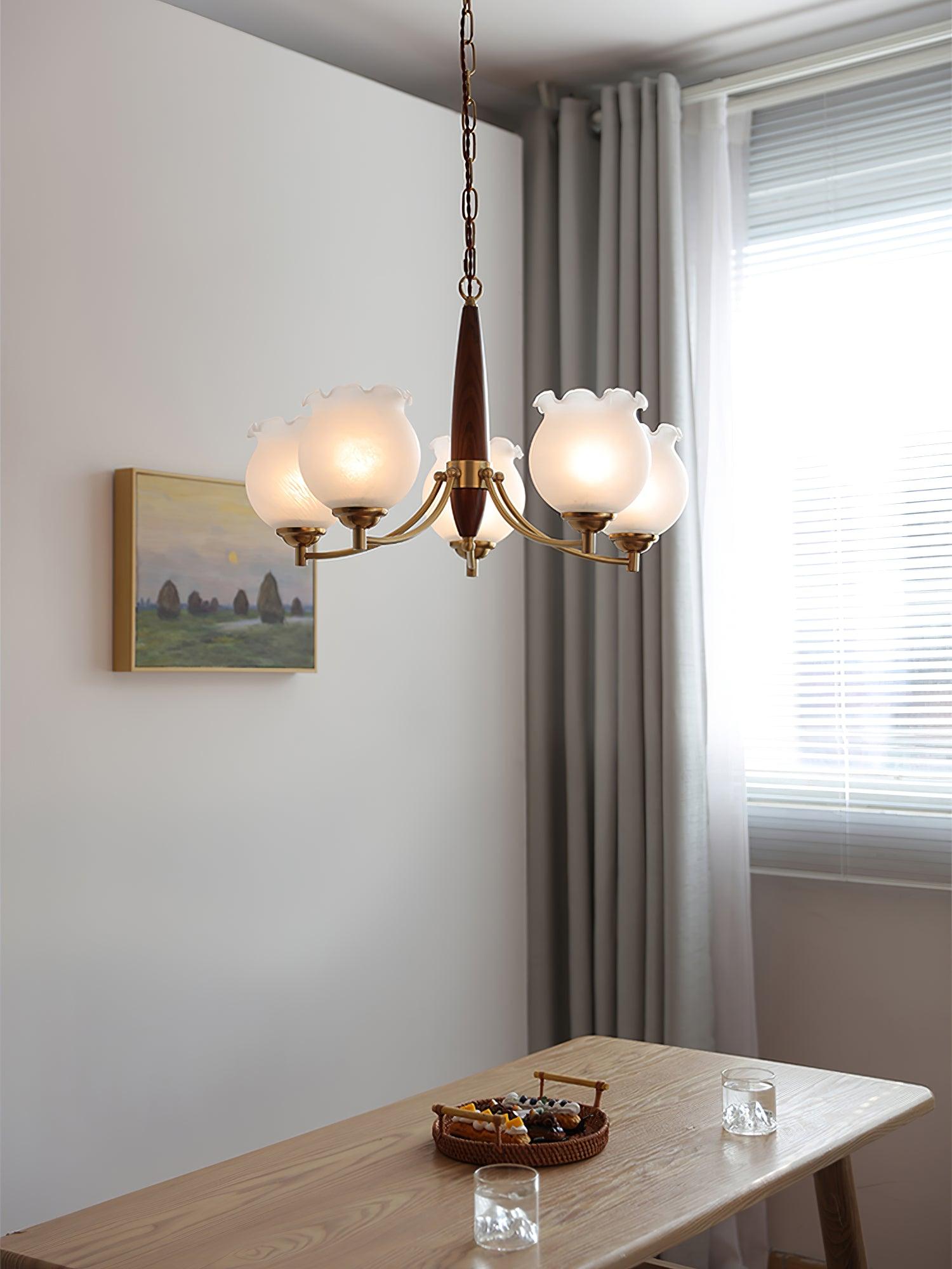 Aminex Chandelier Tulip Glass Wood Brass Vintage-Neutral Decor