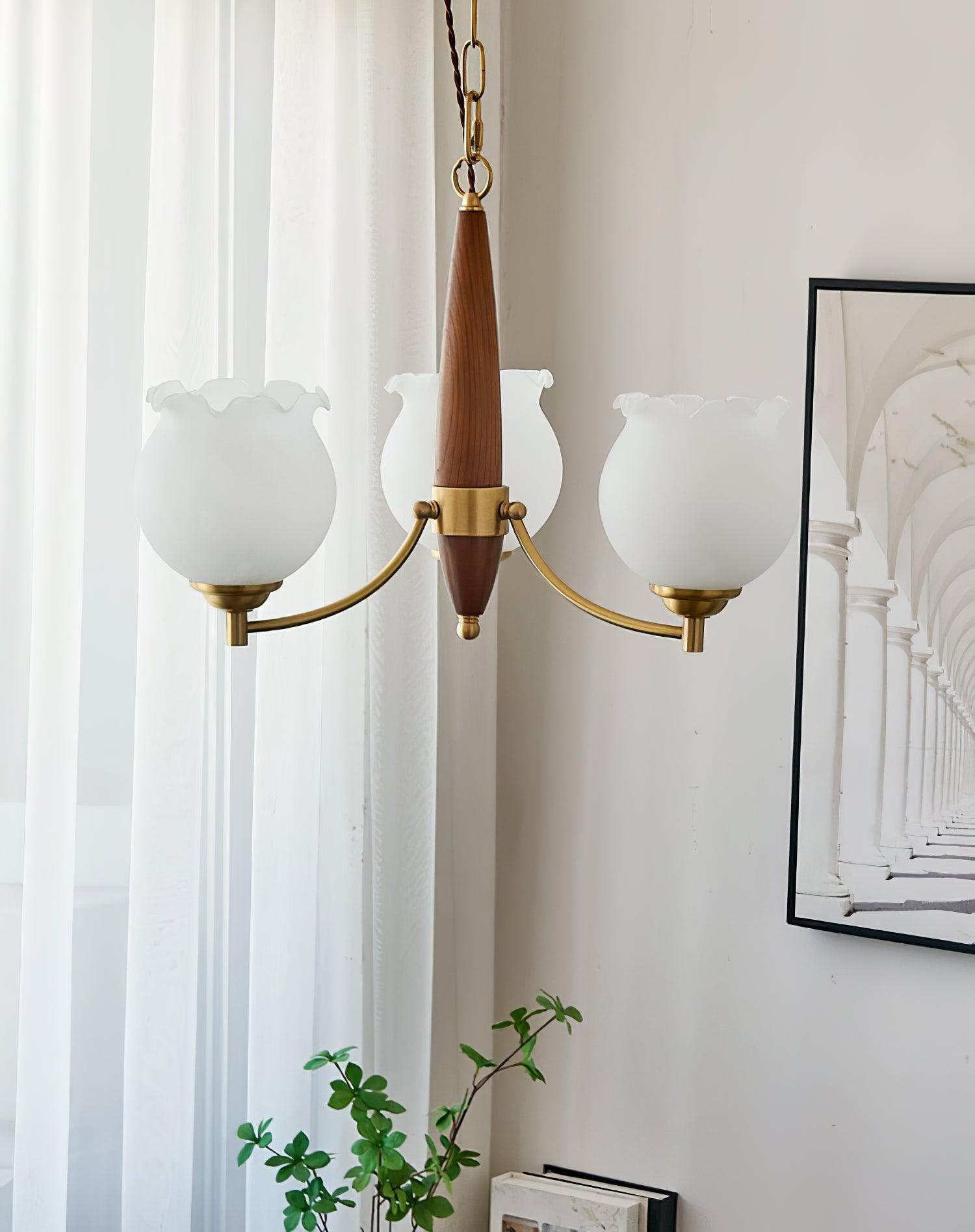Aminex Chandelier Tulip Glass Wood Brass Vintage-Neutral Decor